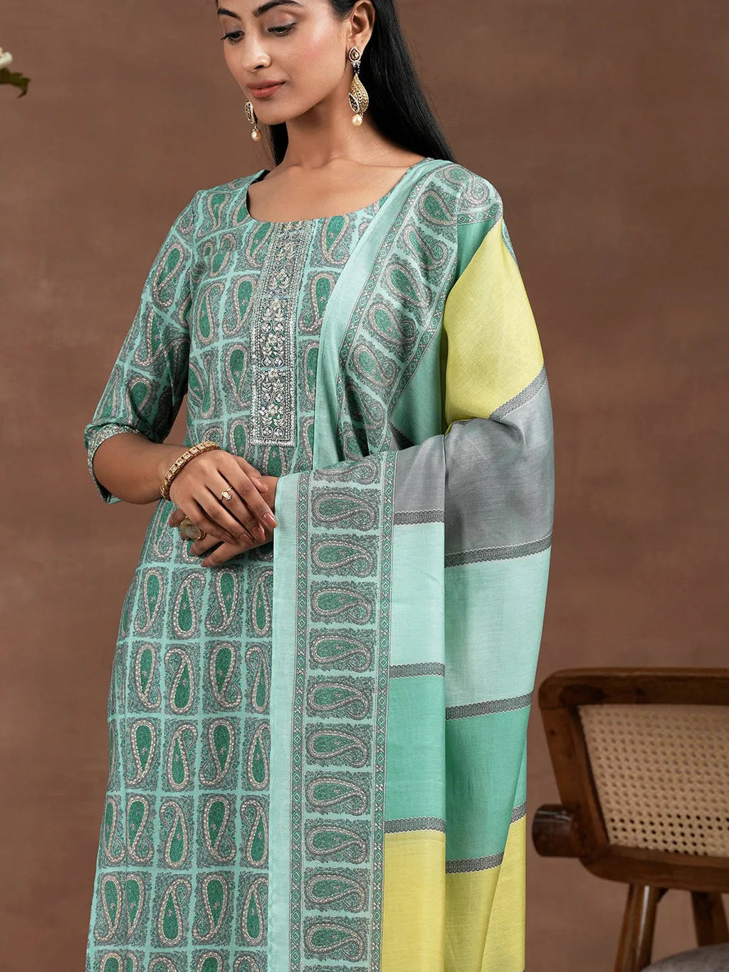 Blue Printed Silk Blend Straight Suit With Dupatta