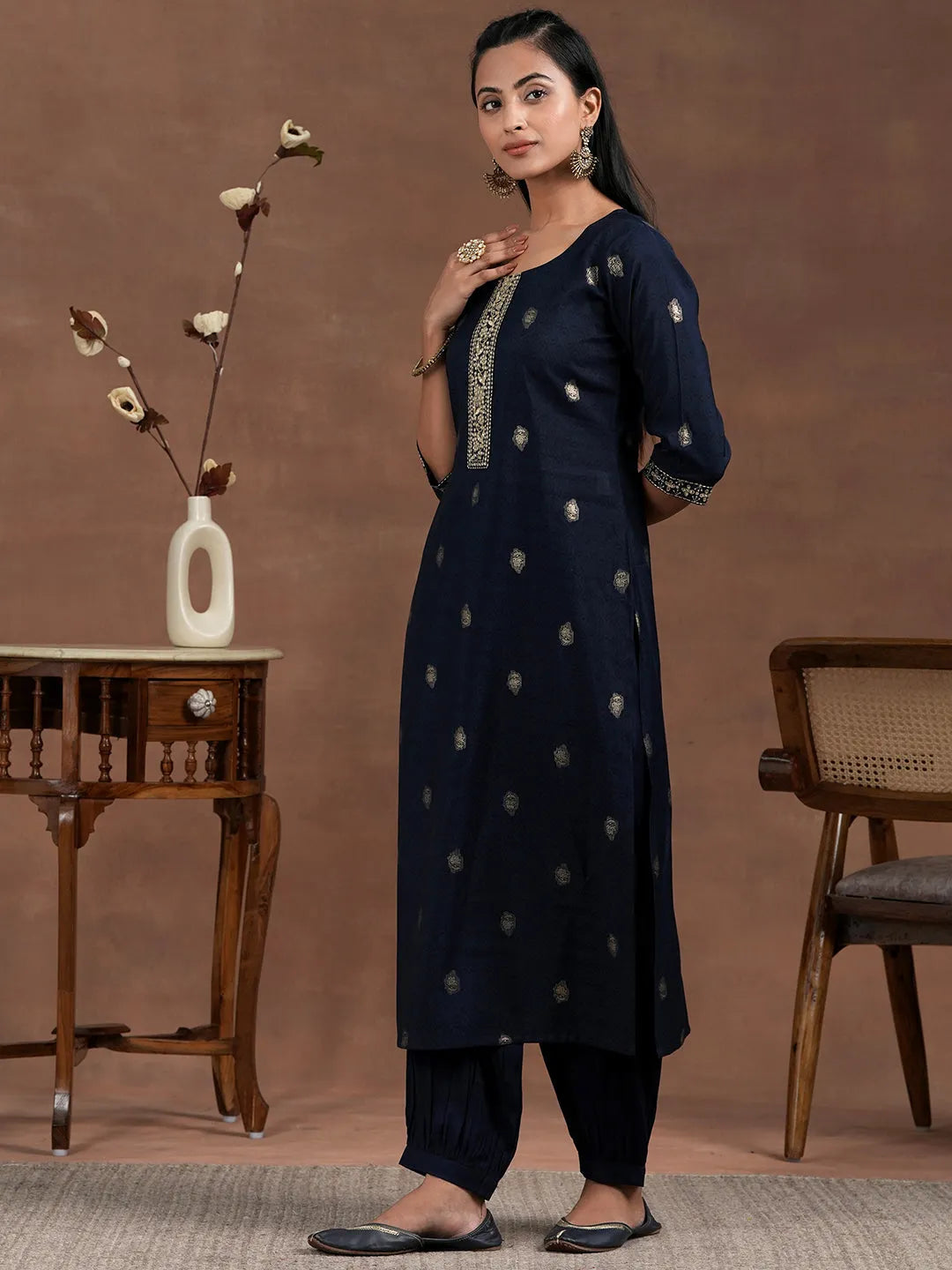 Blue Printed Silk Blend Straight Suit With Dupatta