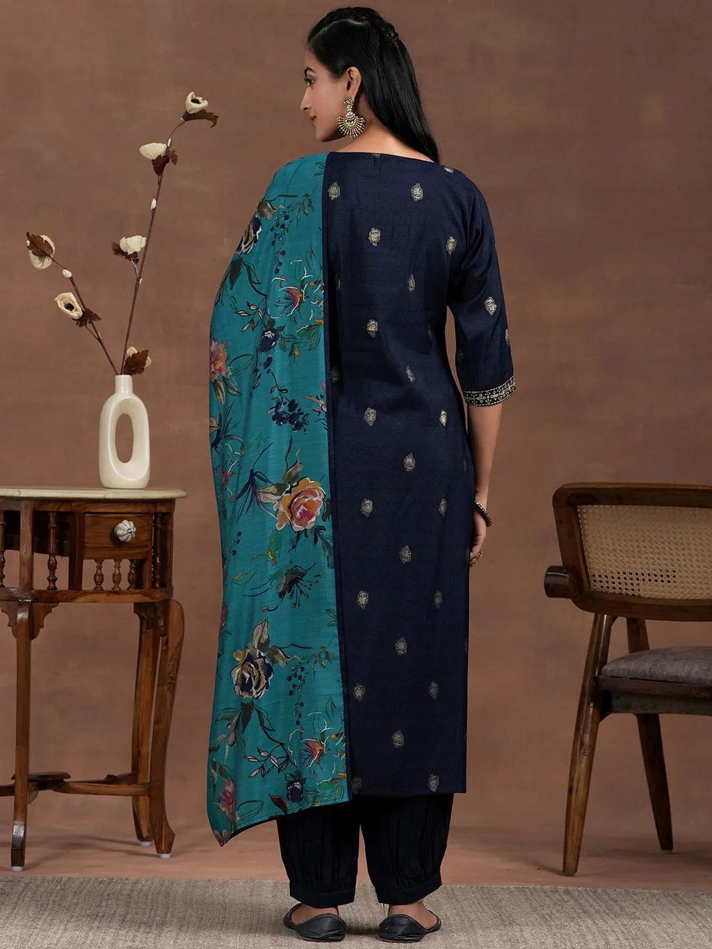 Blue Printed Silk Blend Straight Suit With Dupatta