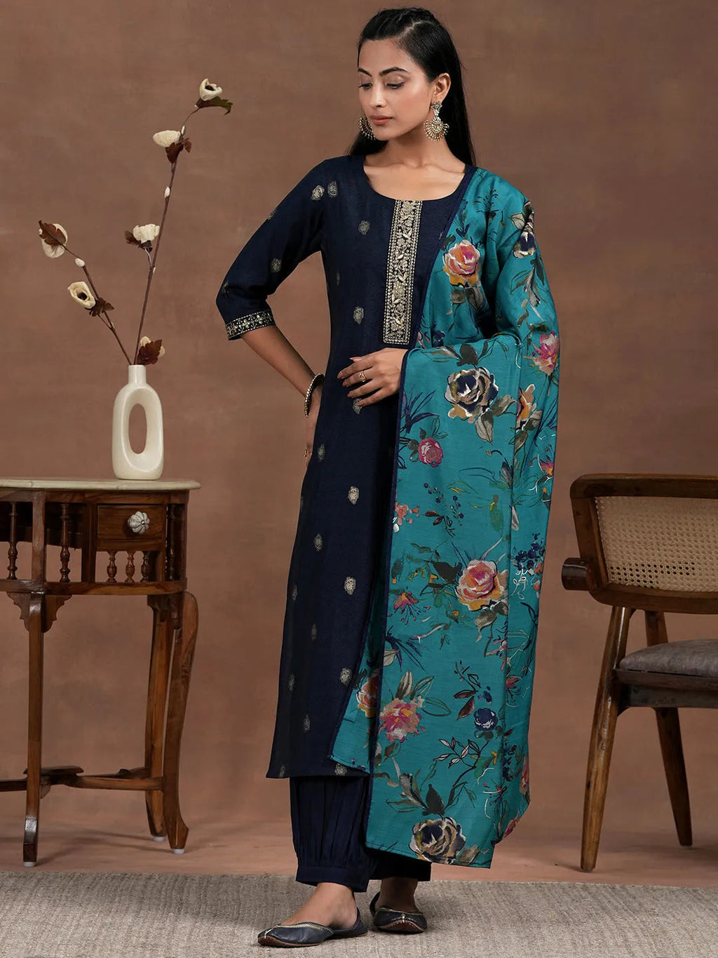 Blue Printed Silk Blend Straight Suit With Dupatta