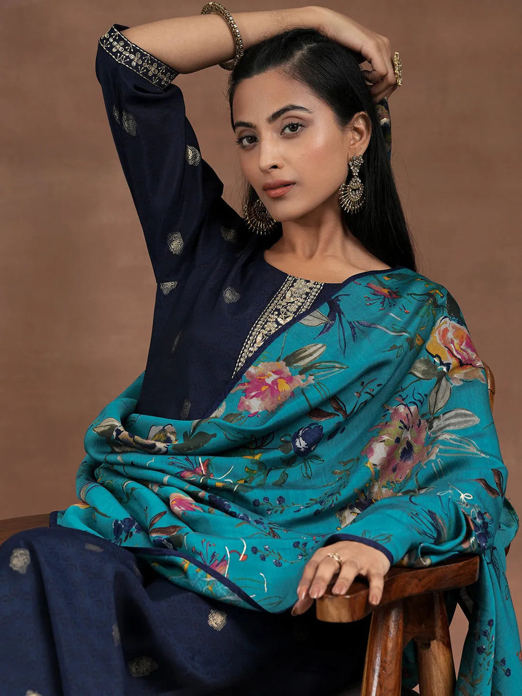 Blue Printed Silk Blend Straight Suit With Dupatta