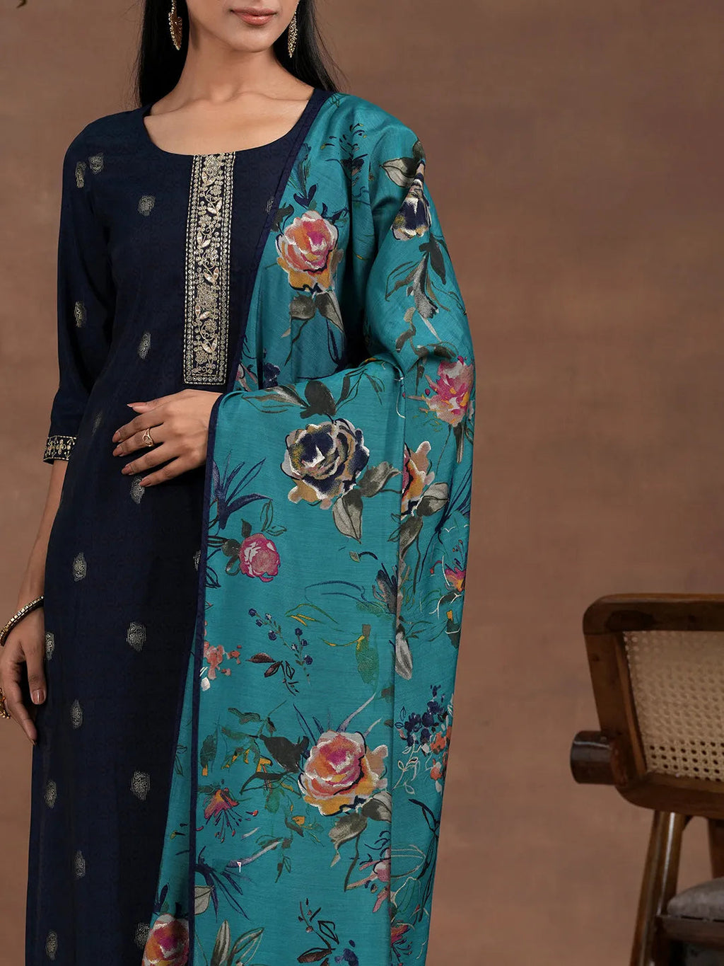 Blue Printed Silk Blend Straight Suit With Dupatta