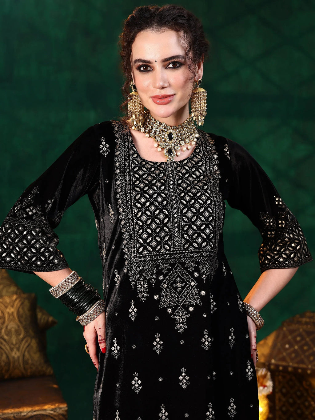 Black Embroidered Velvet Straight Suit With Dupatta