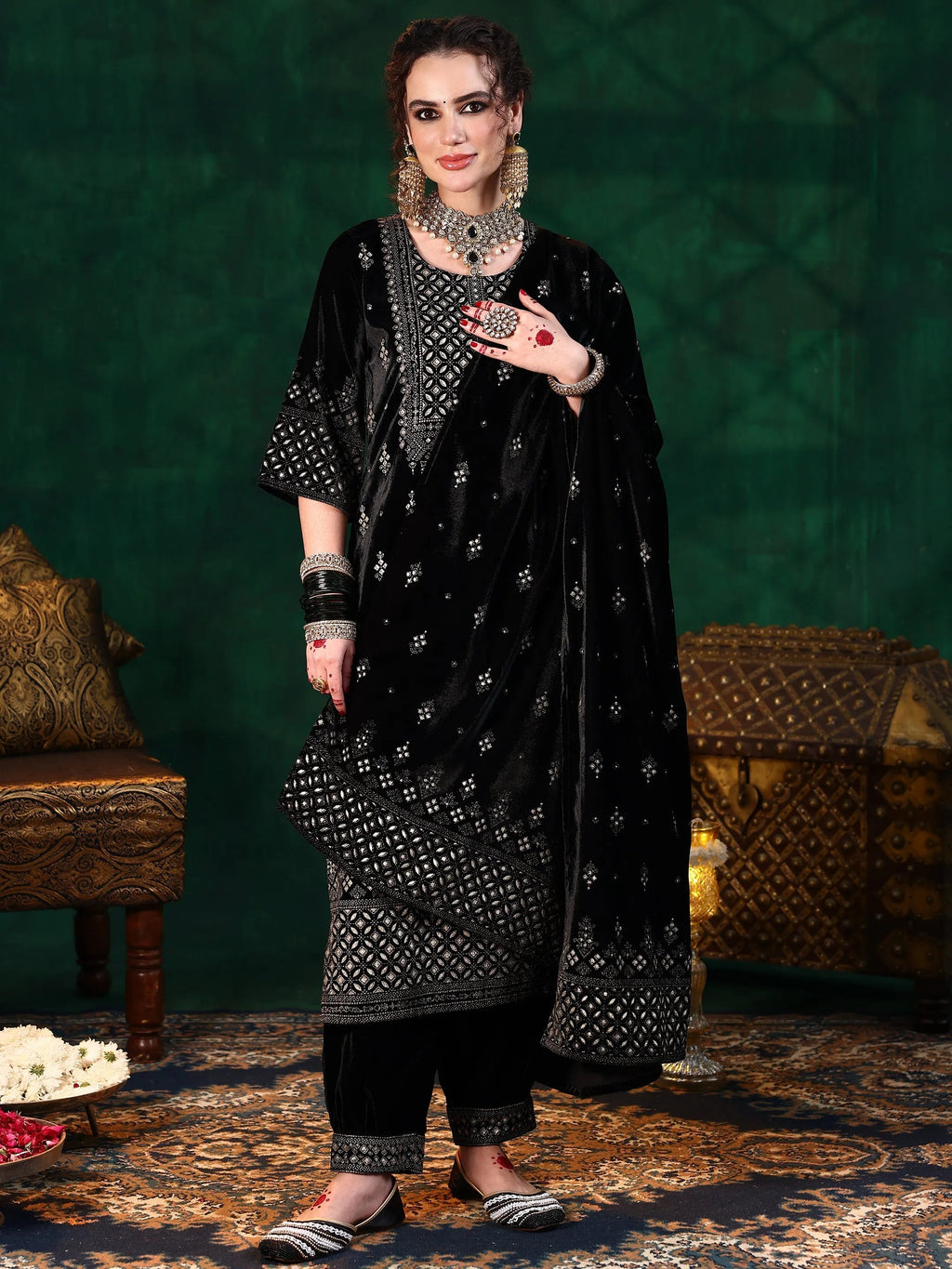 Black Embroidered Velvet Straight Suit With Dupatta