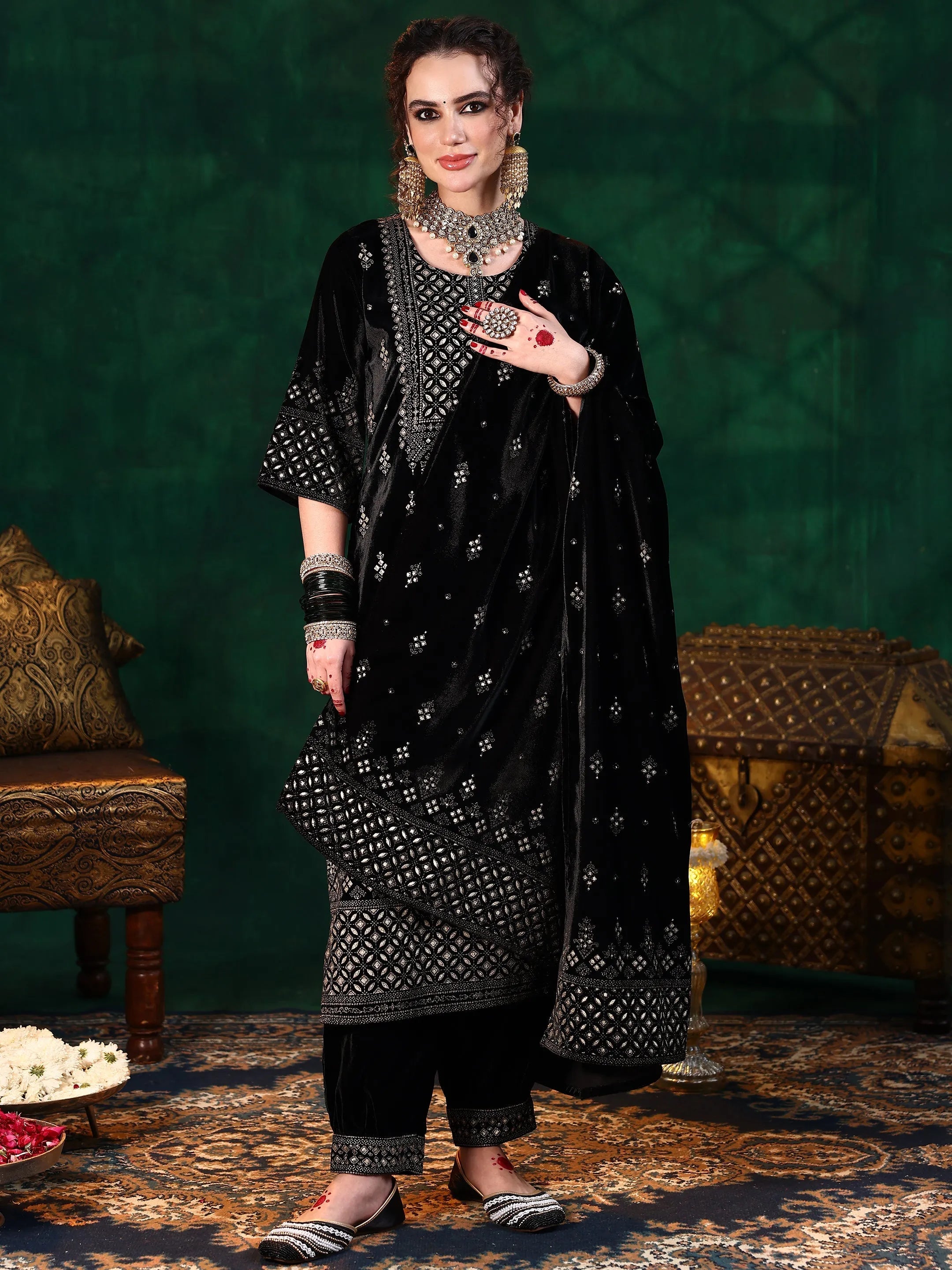 Black Embroidered Velvet Straight Suit With Dupatta