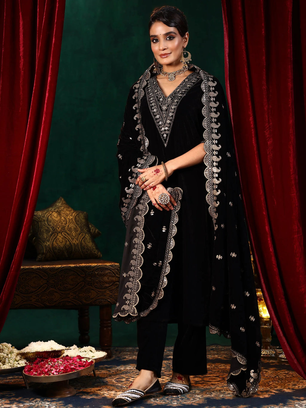 Black Yoke Design Velvet Straight Suit With Dupatta