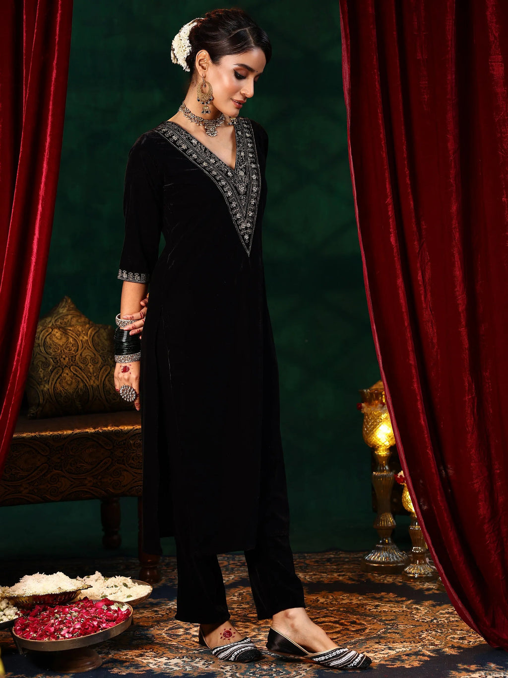 Black Yoke Design Velvet Straight Suit With Dupatta