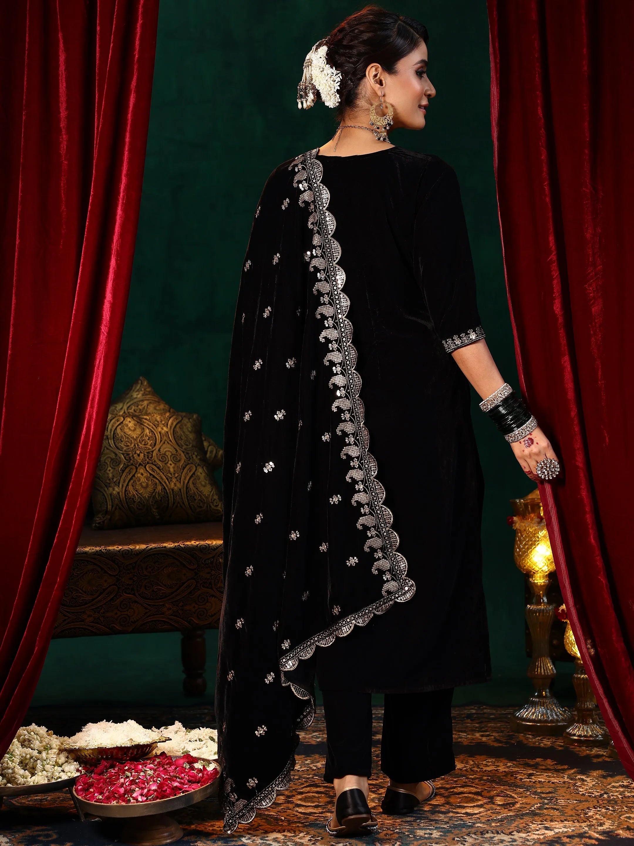 Black Yoke Design Velvet Straight Suit With Dupatta