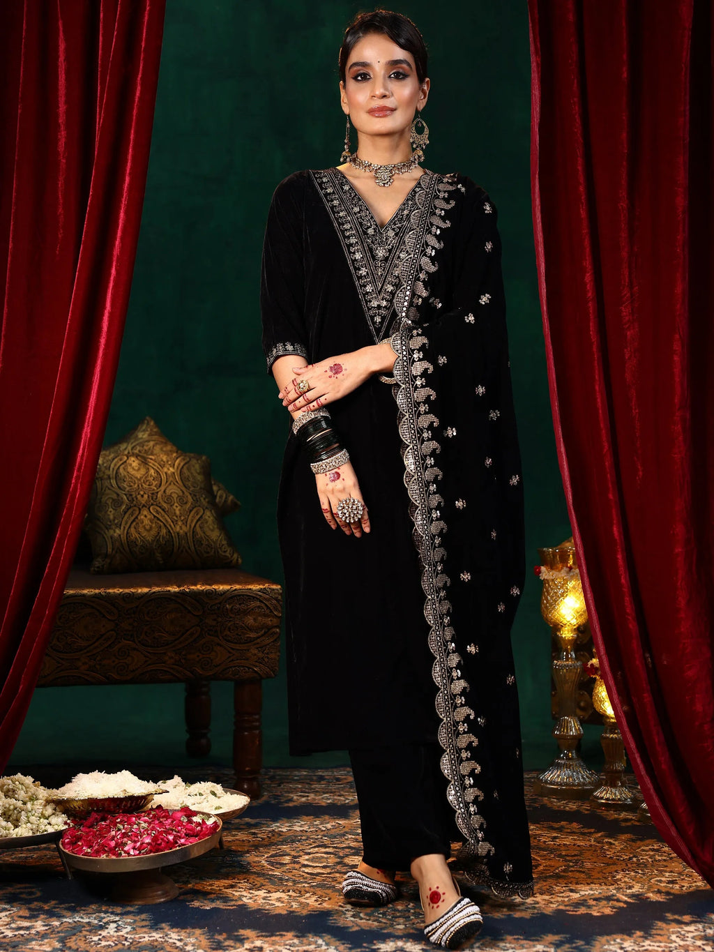 Black Yoke Design Velvet Straight Suit With Dupatta