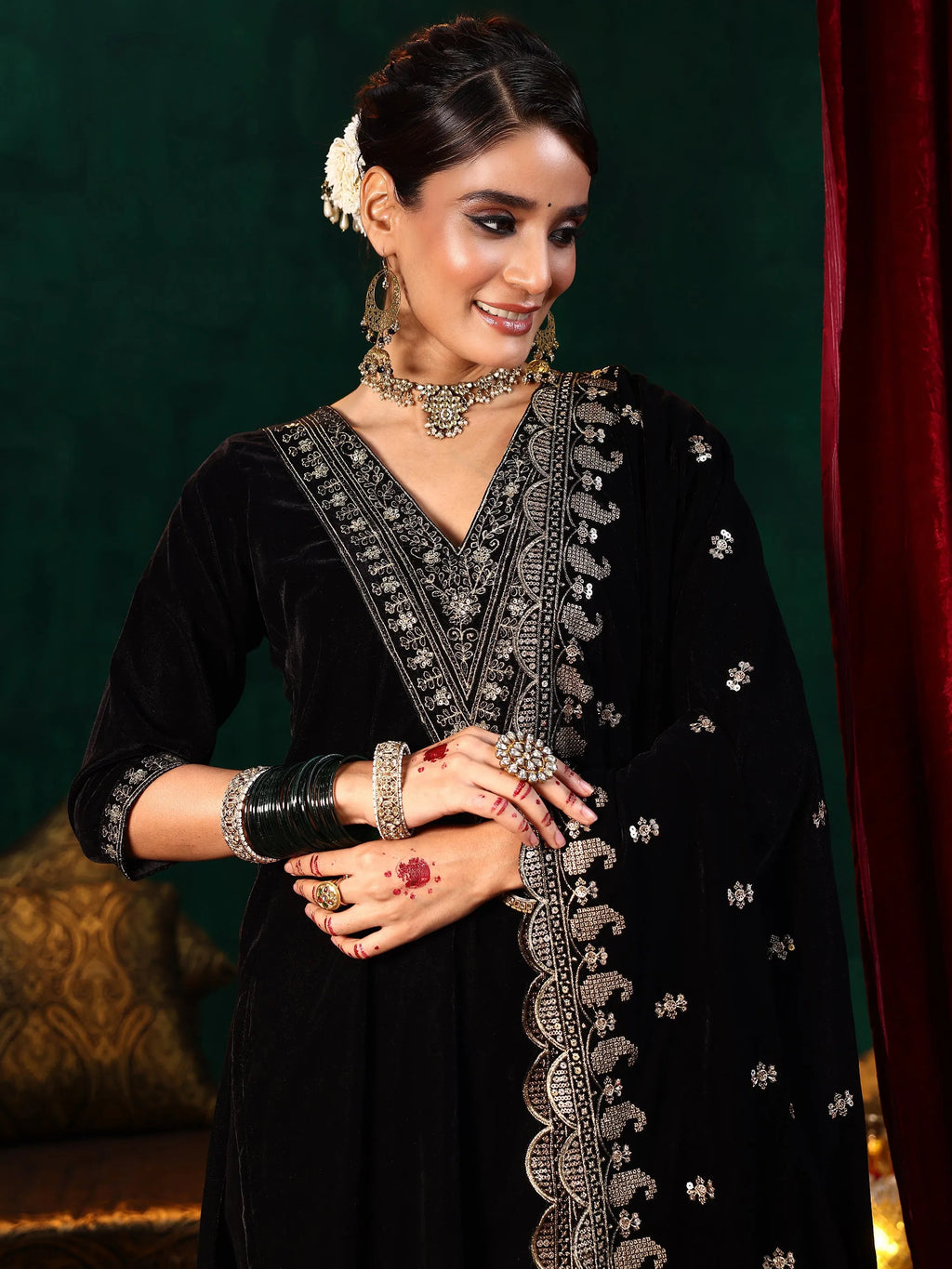 Black Yoke Design Velvet Straight Suit With Dupatta