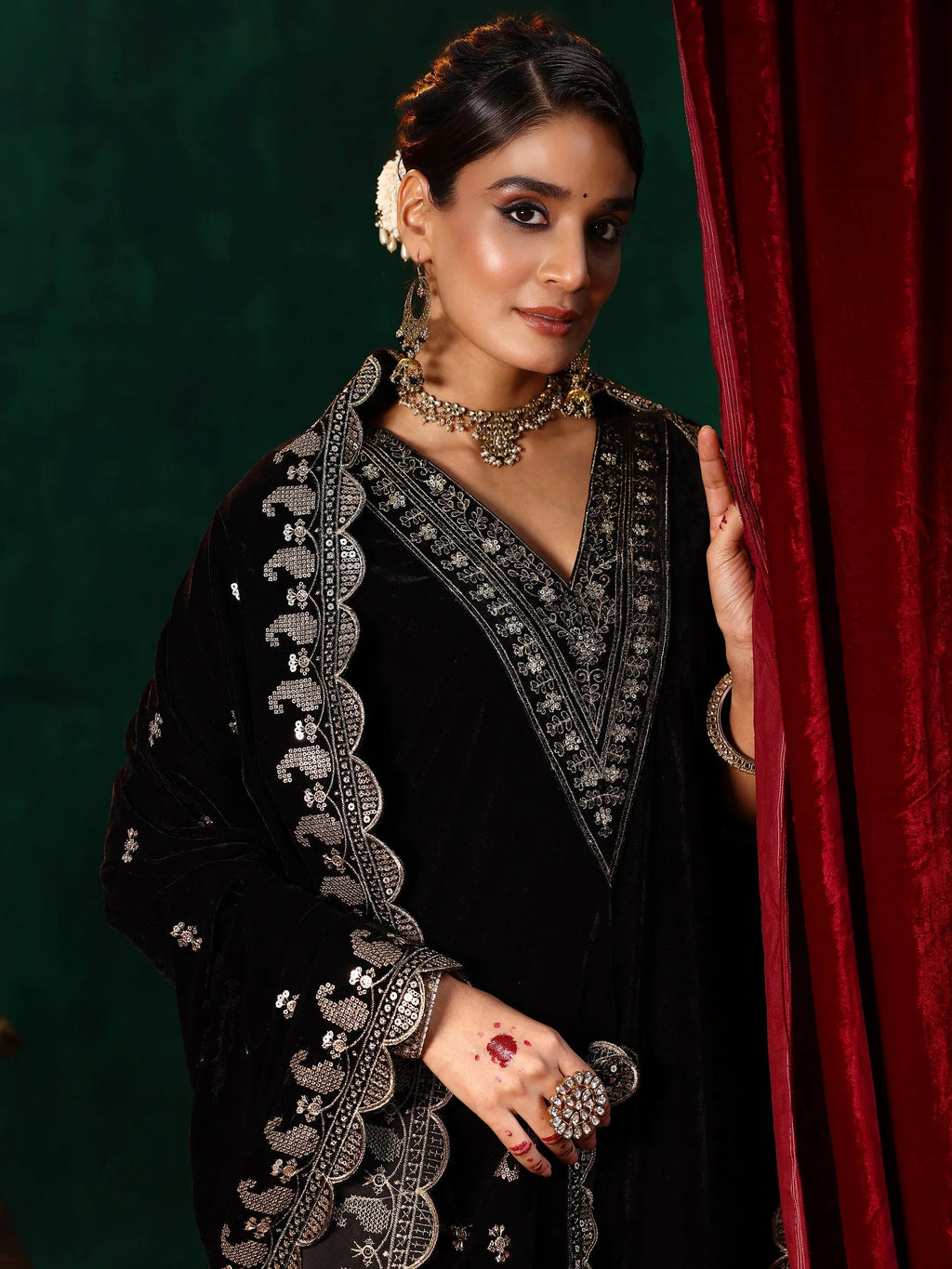Black Yoke Design Velvet Straight Suit With Dupatta
