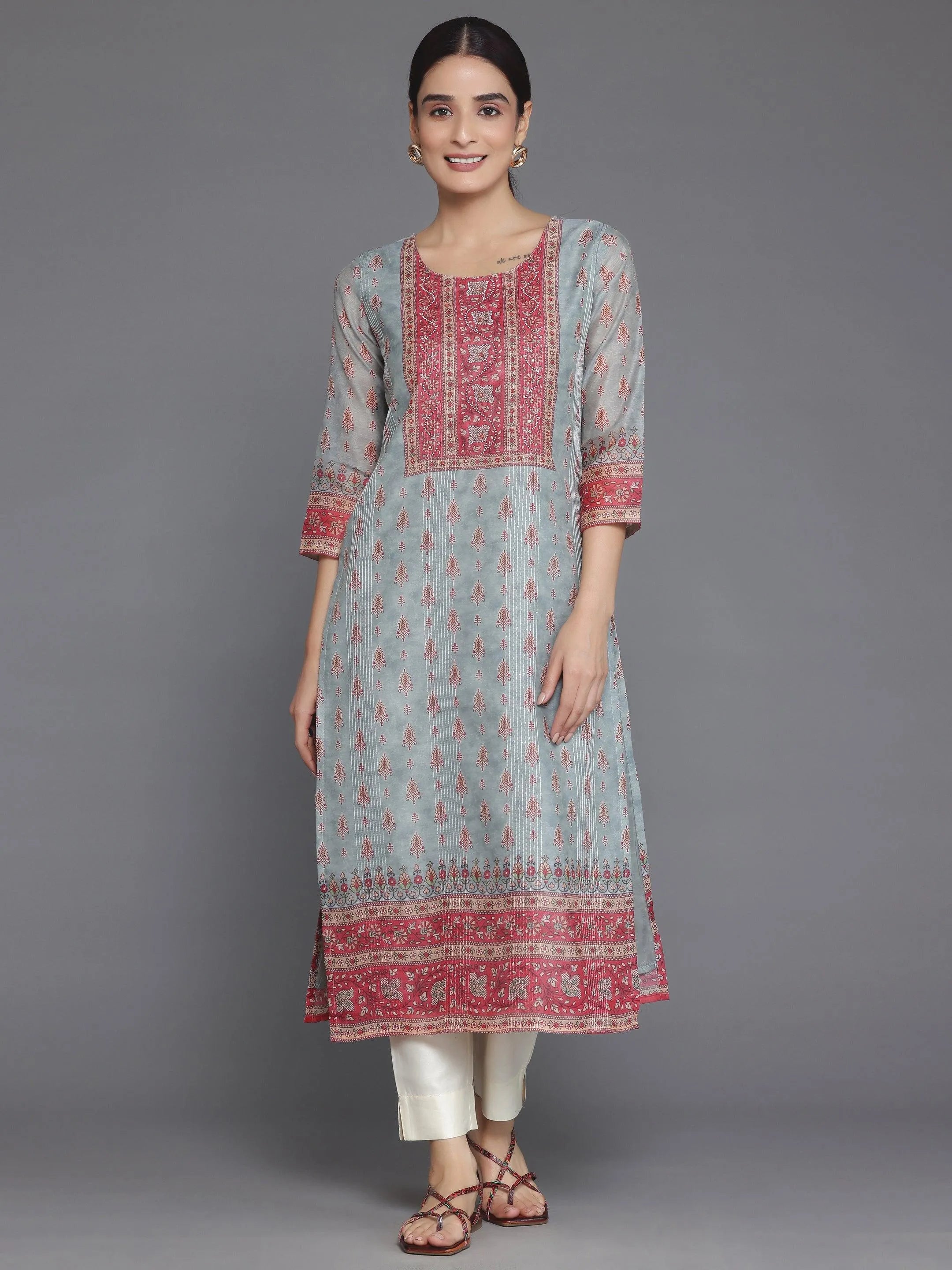 Grey Printed Chanderi Silk Straight Kurta