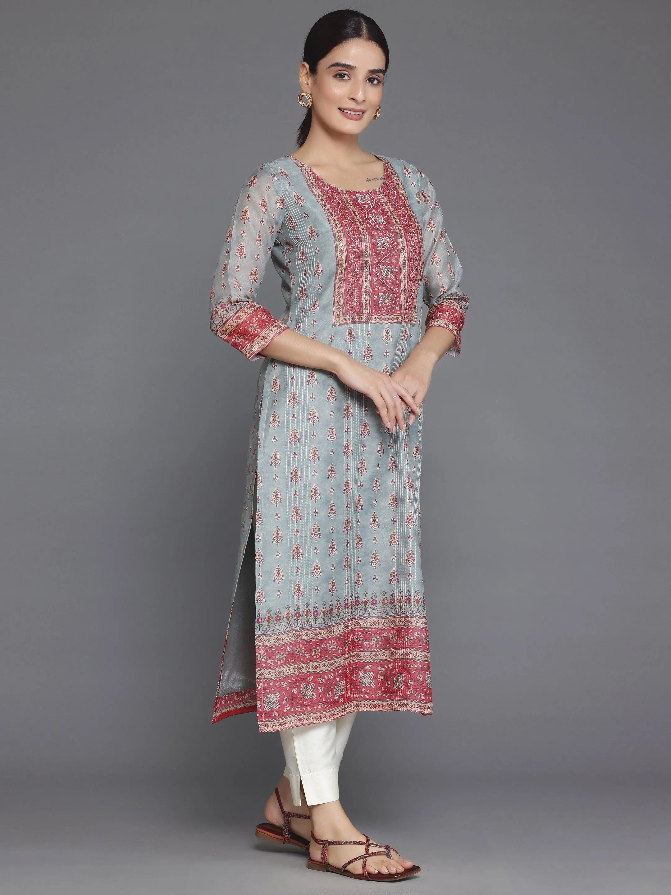 Grey Printed Chanderi Silk Straight Kurta