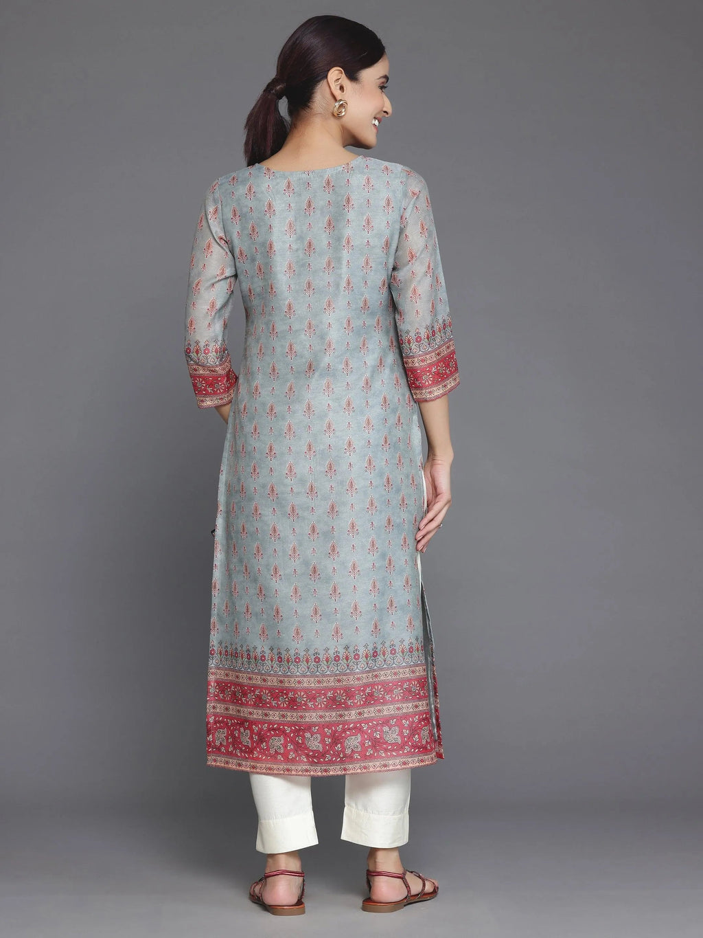 Grey Printed Chanderi Silk Straight Kurta