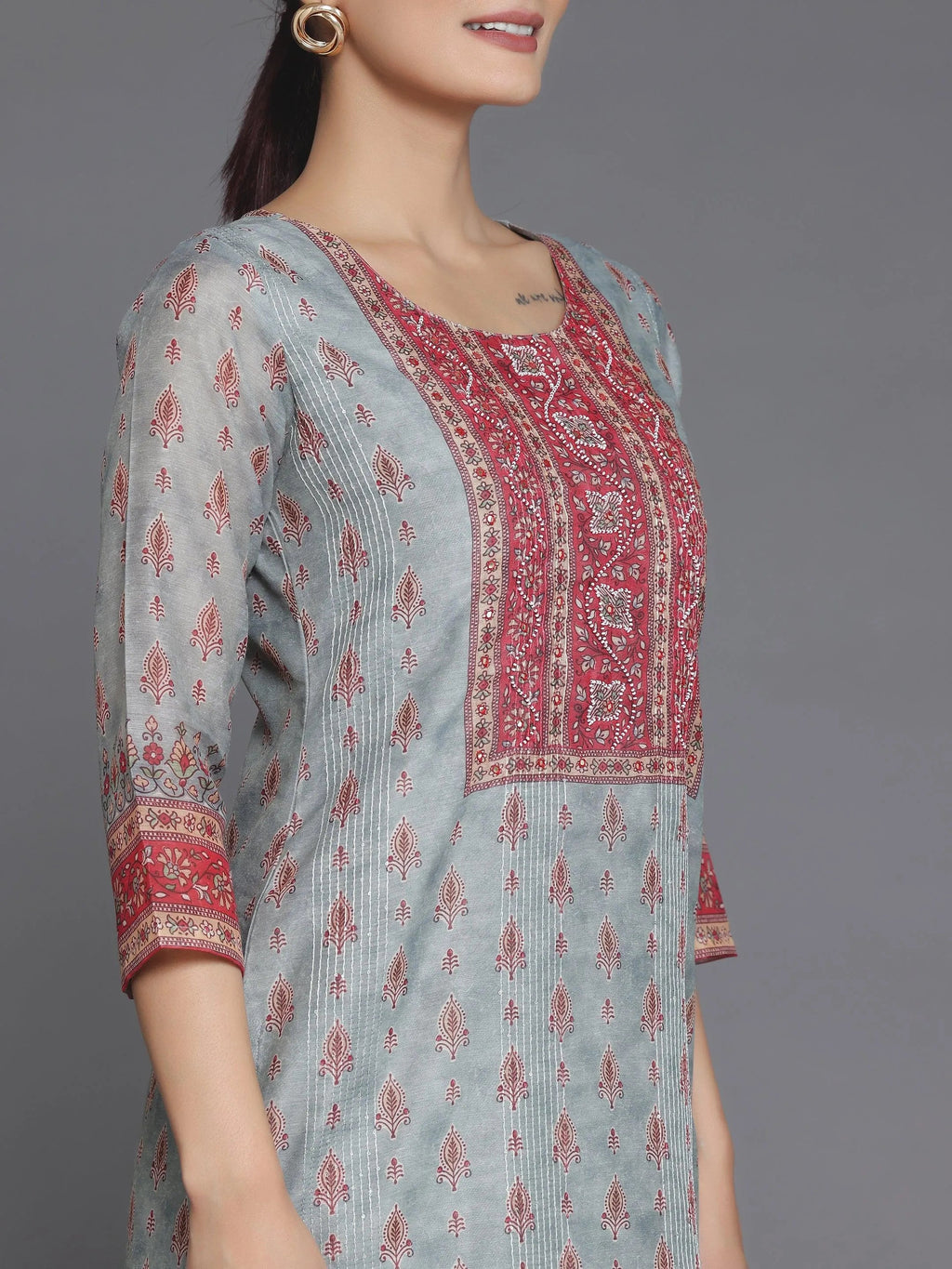 Grey Printed Chanderi Silk Straight Kurta
