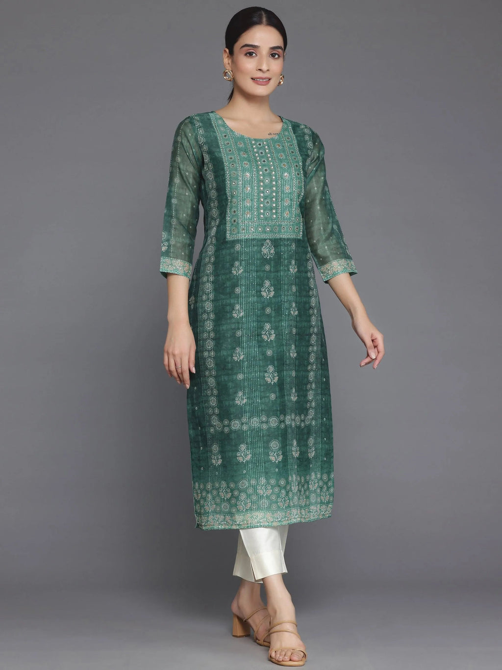 Green Printed Chanderi Silk Straight Kurta