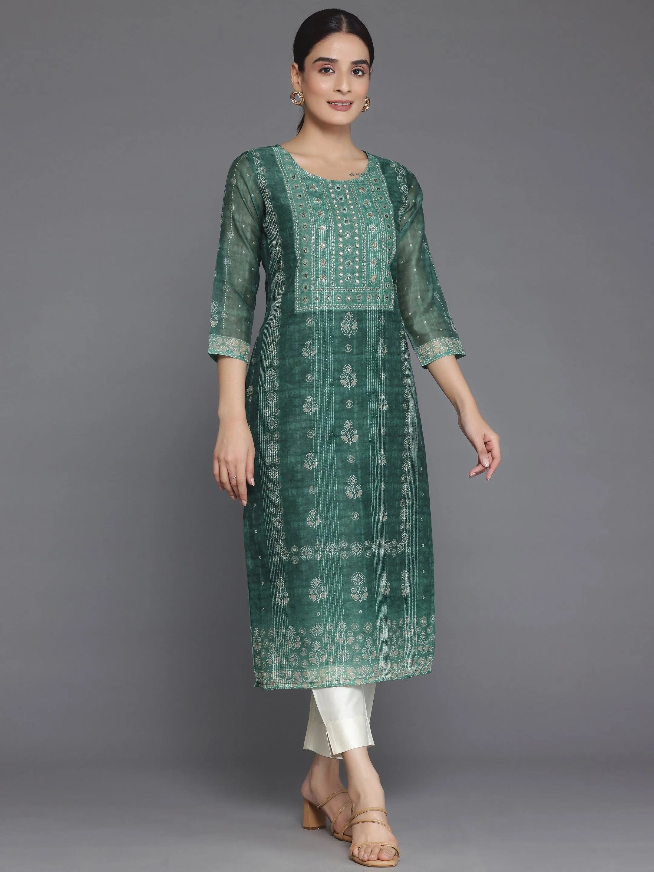 Green Printed Chanderi Silk Straight Kurta