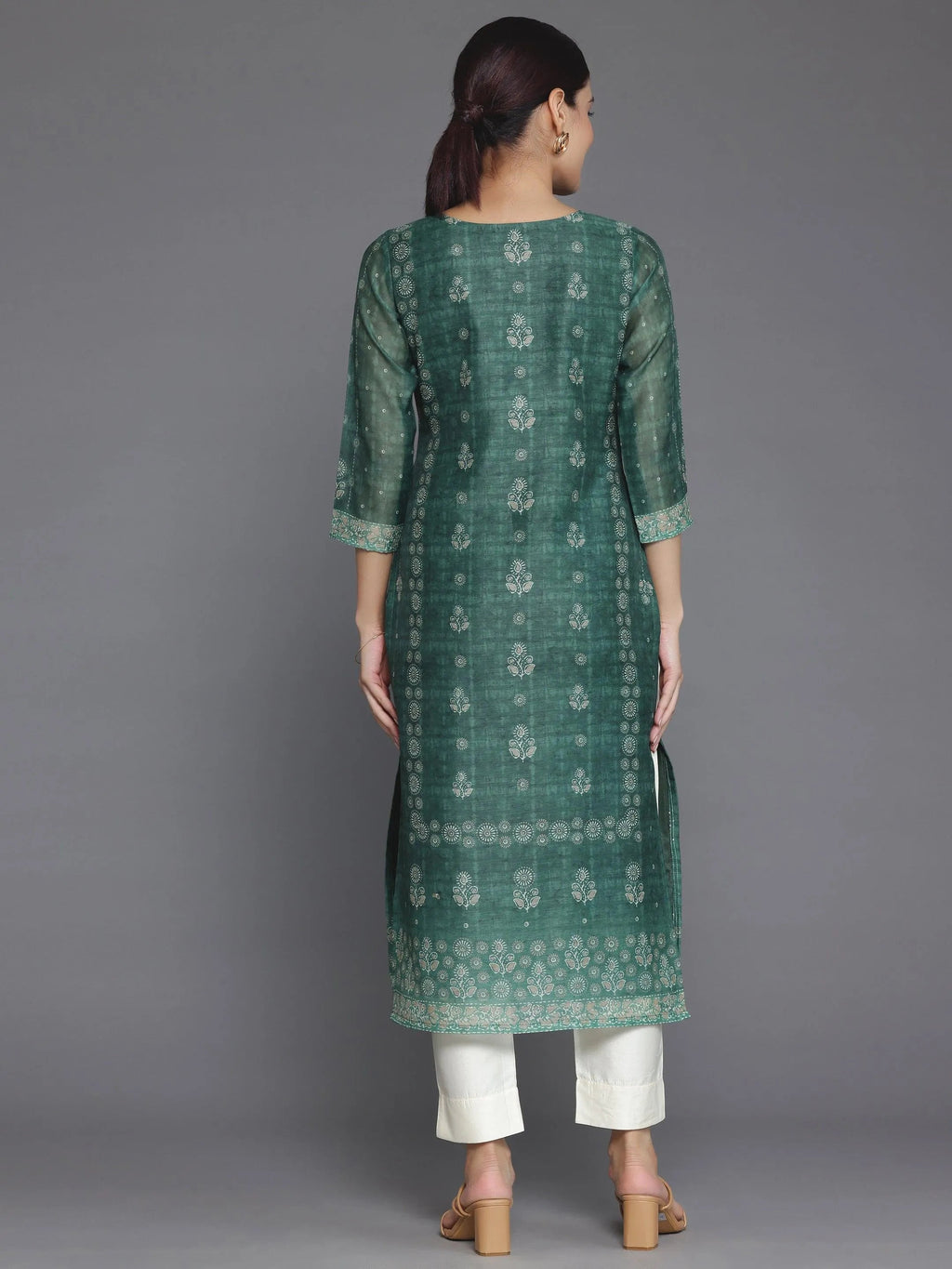 Green Printed Chanderi Silk Straight Kurta