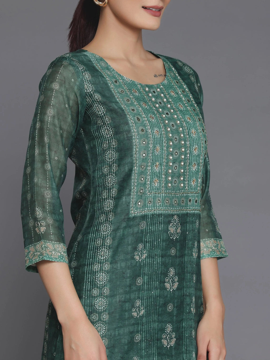 Green Printed Chanderi Silk Straight Kurta