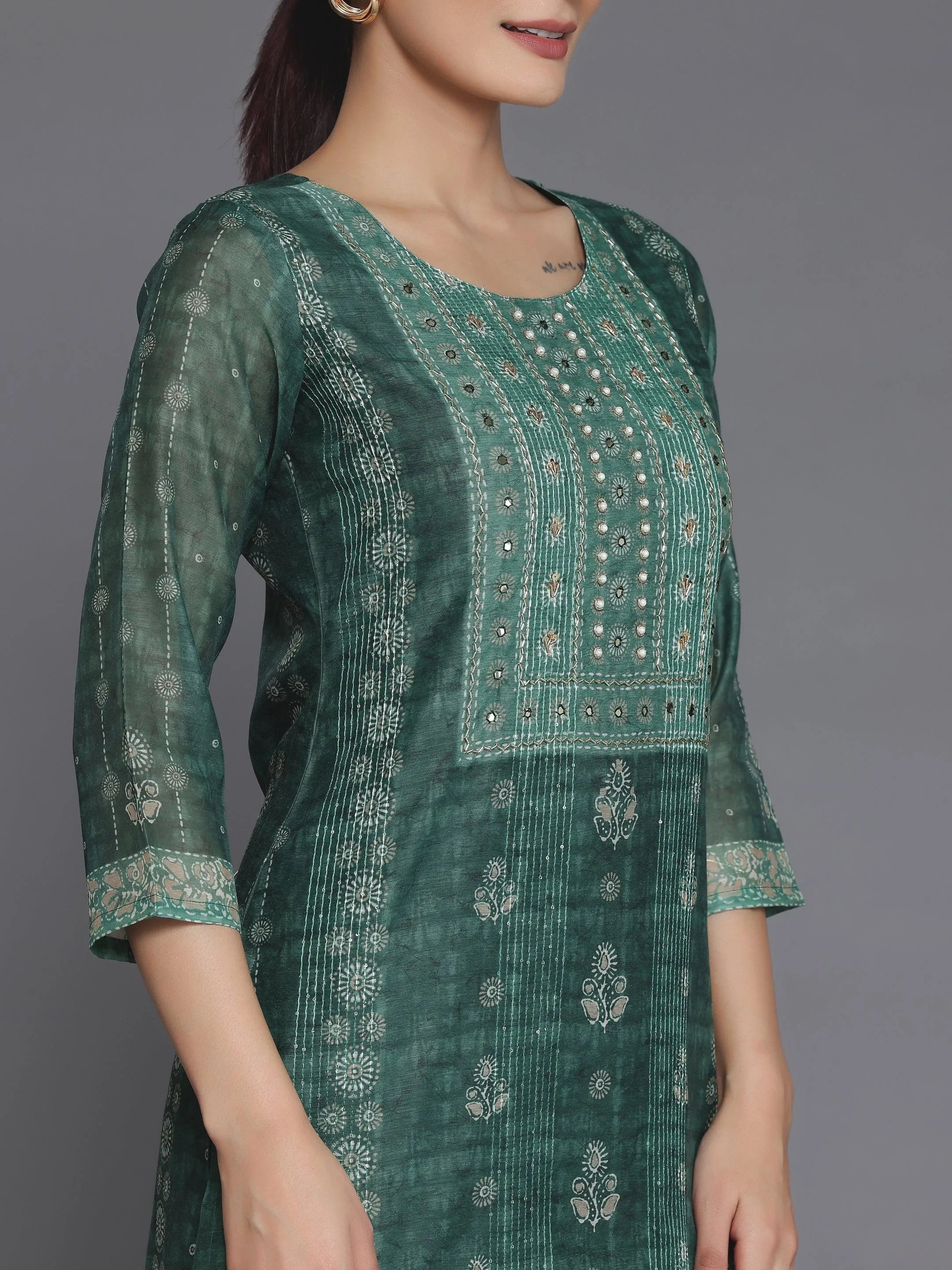 Green Printed Chanderi Silk Straight Kurta