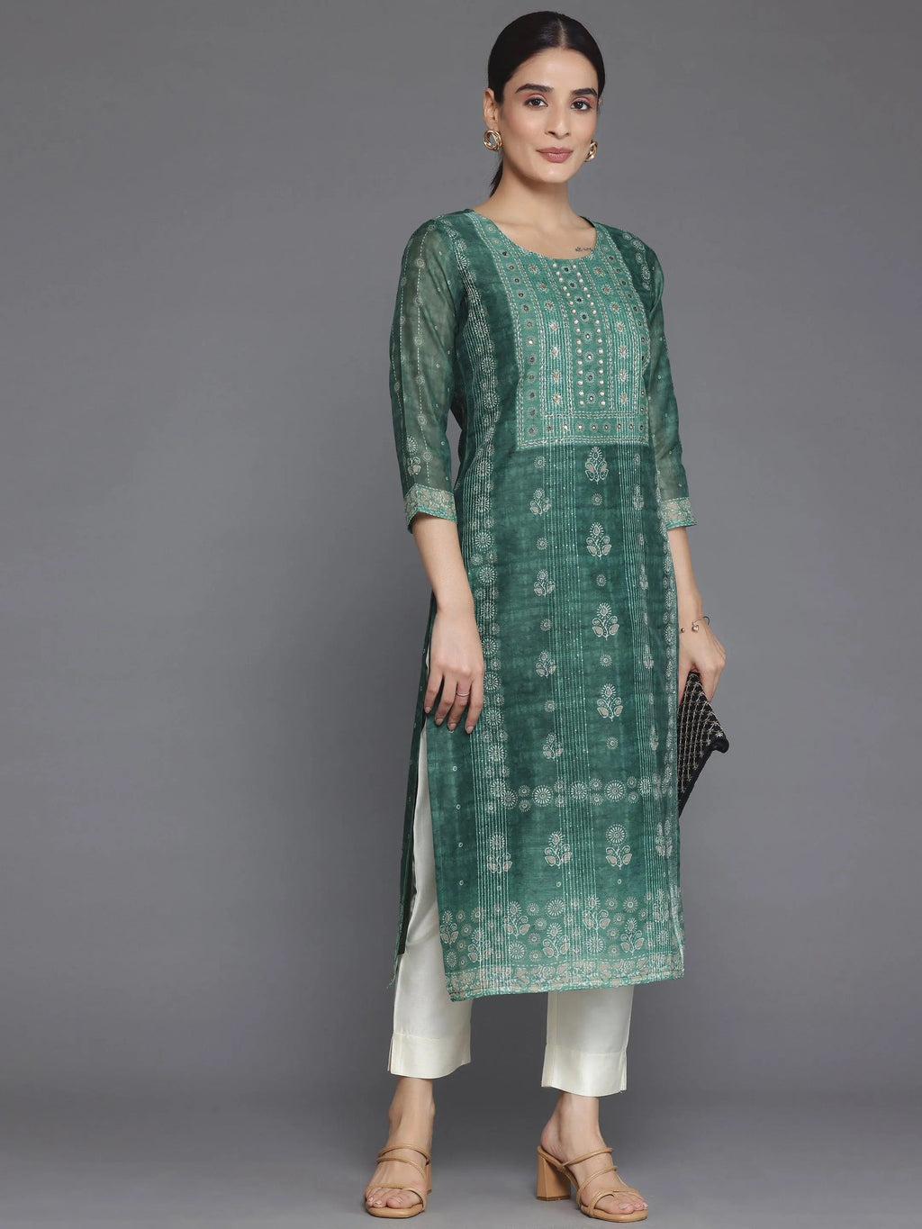 Green Printed Chanderi Silk Straight Kurta