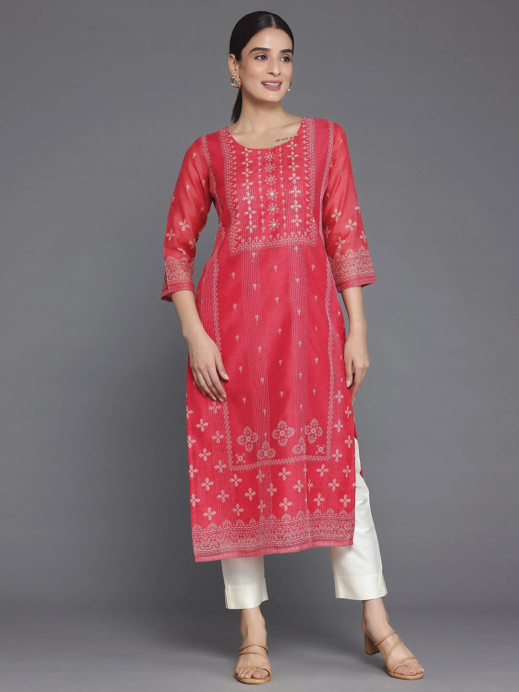 Coral Printed Chanderi Silk Straight Kurta