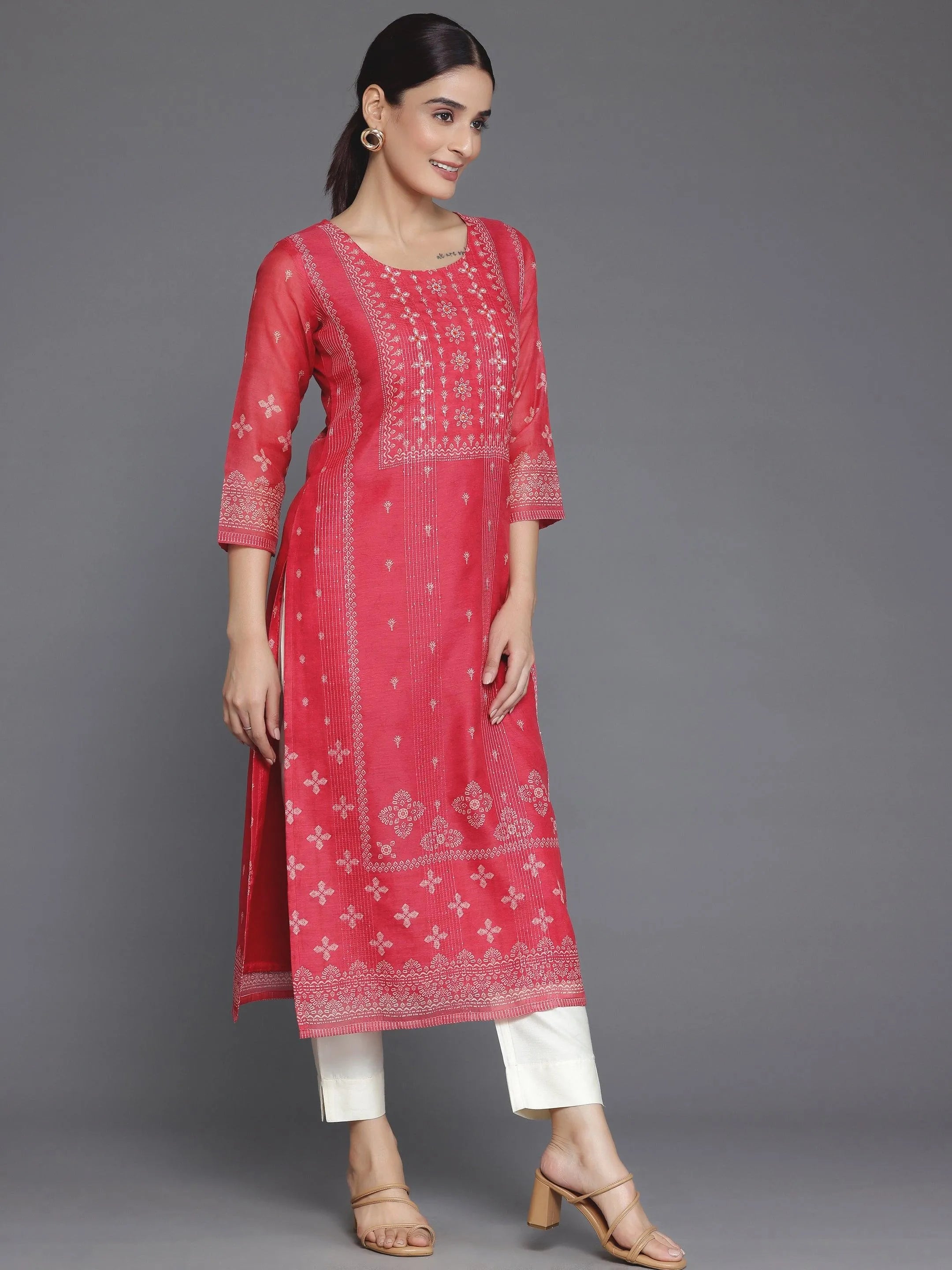 Coral Printed Chanderi Silk Straight Kurta