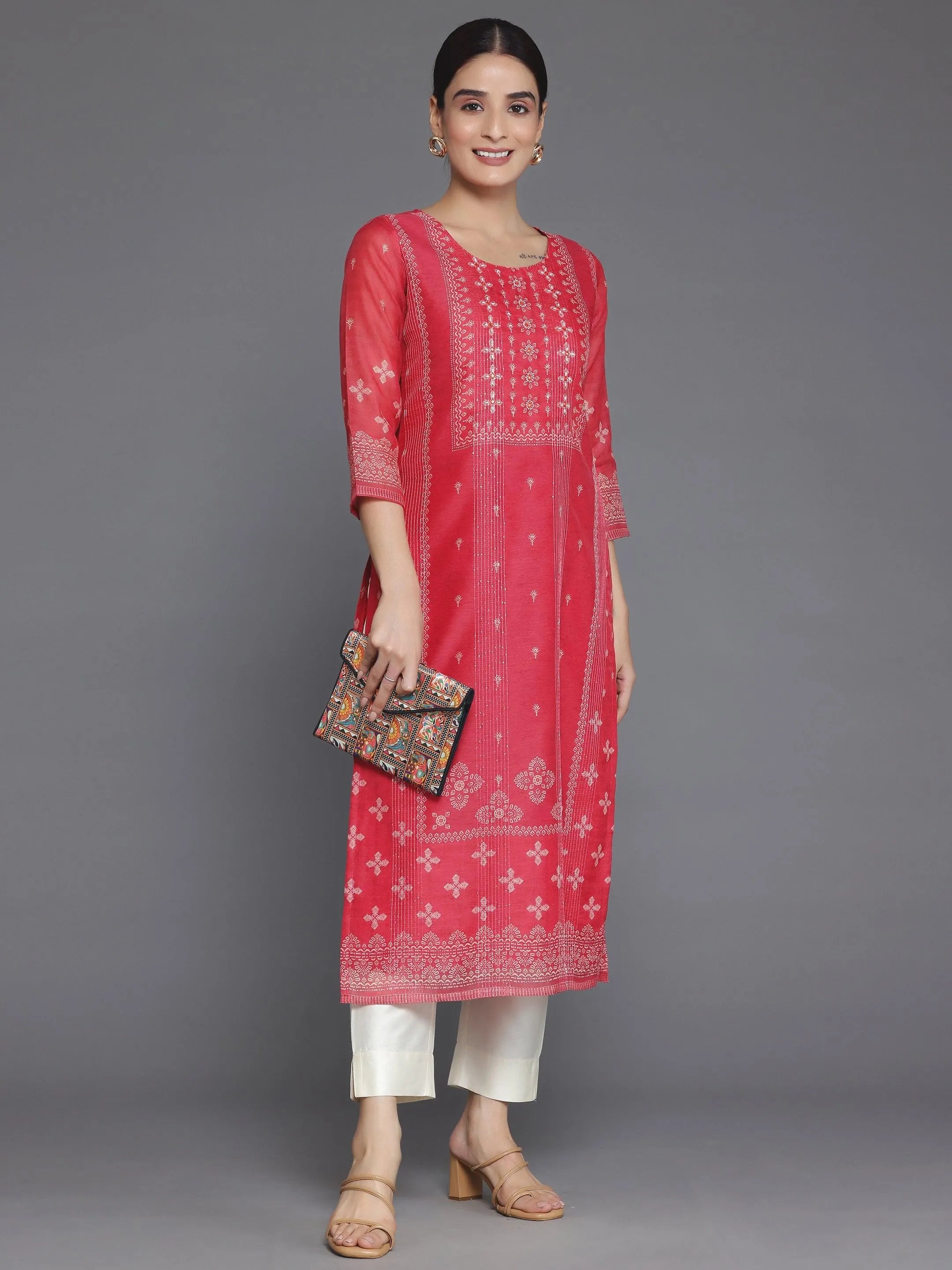 Coral Printed Chanderi Silk Straight Kurta