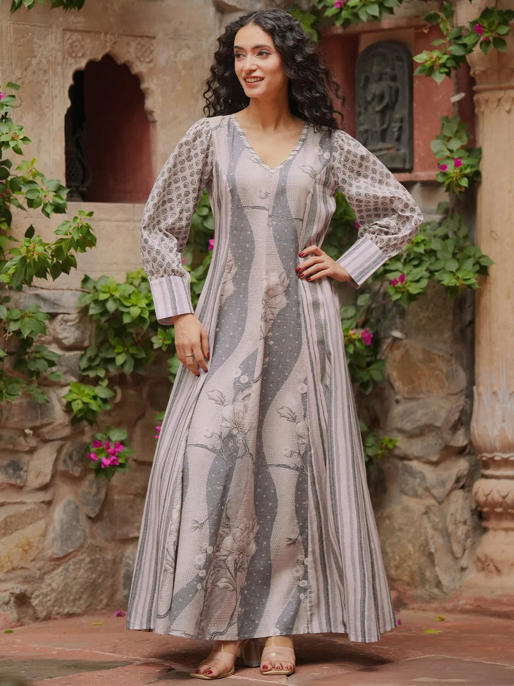 Off White Printed Cotton Blend A-Line Dress