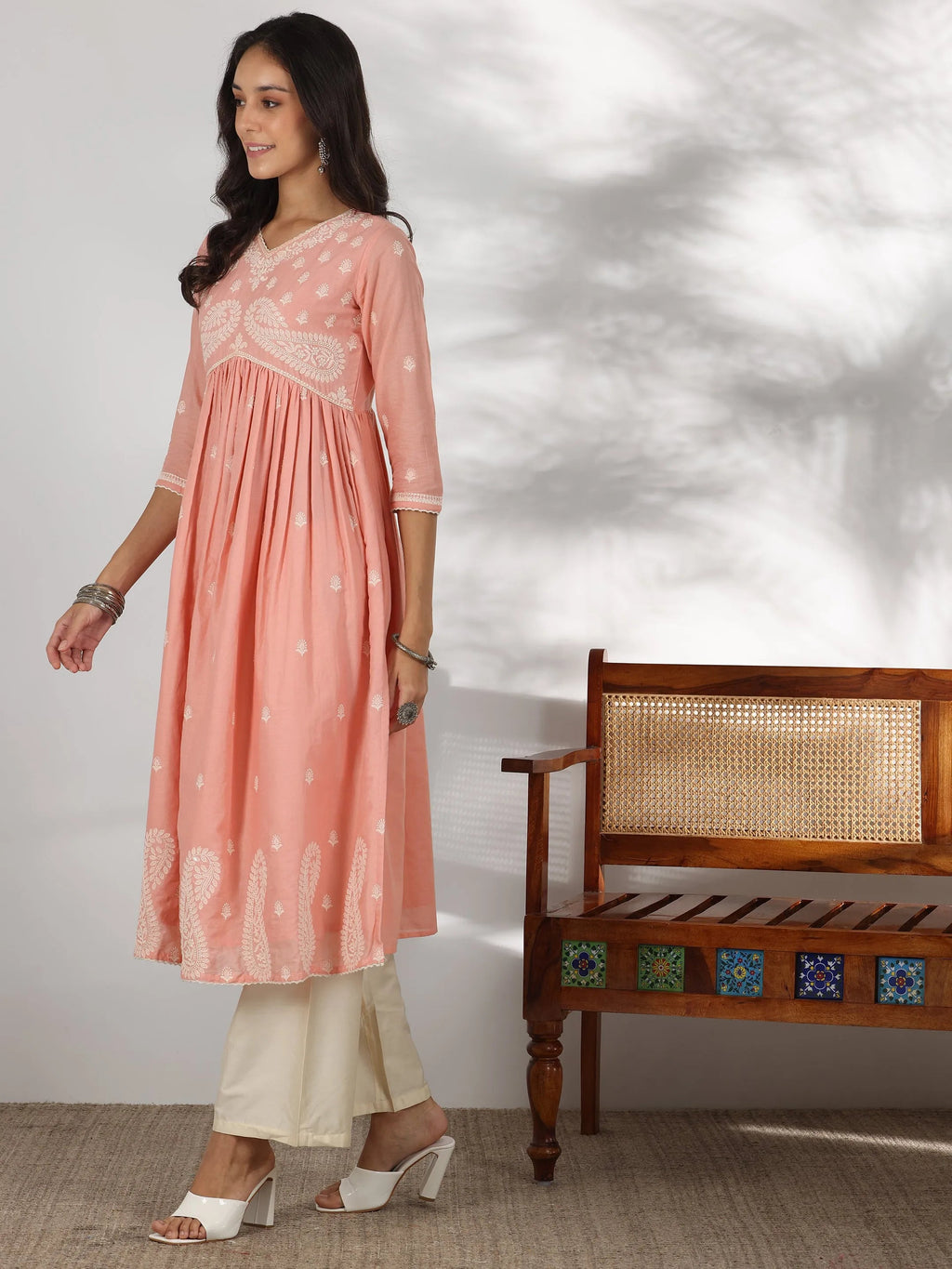 Peach Embroidered Cotton A-Line Kurta