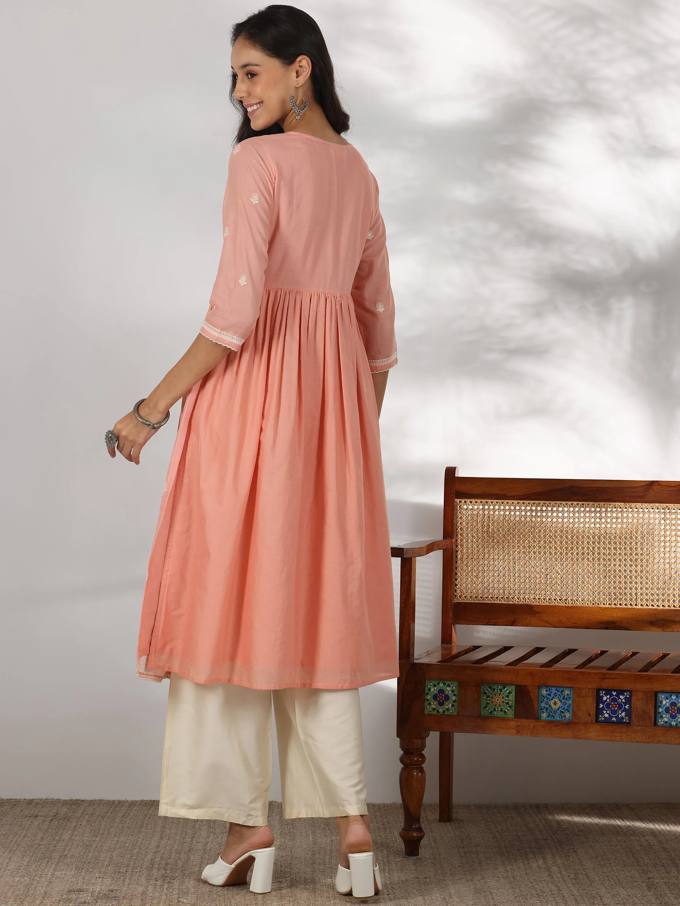 Peach Embroidered Cotton A-Line Kurta