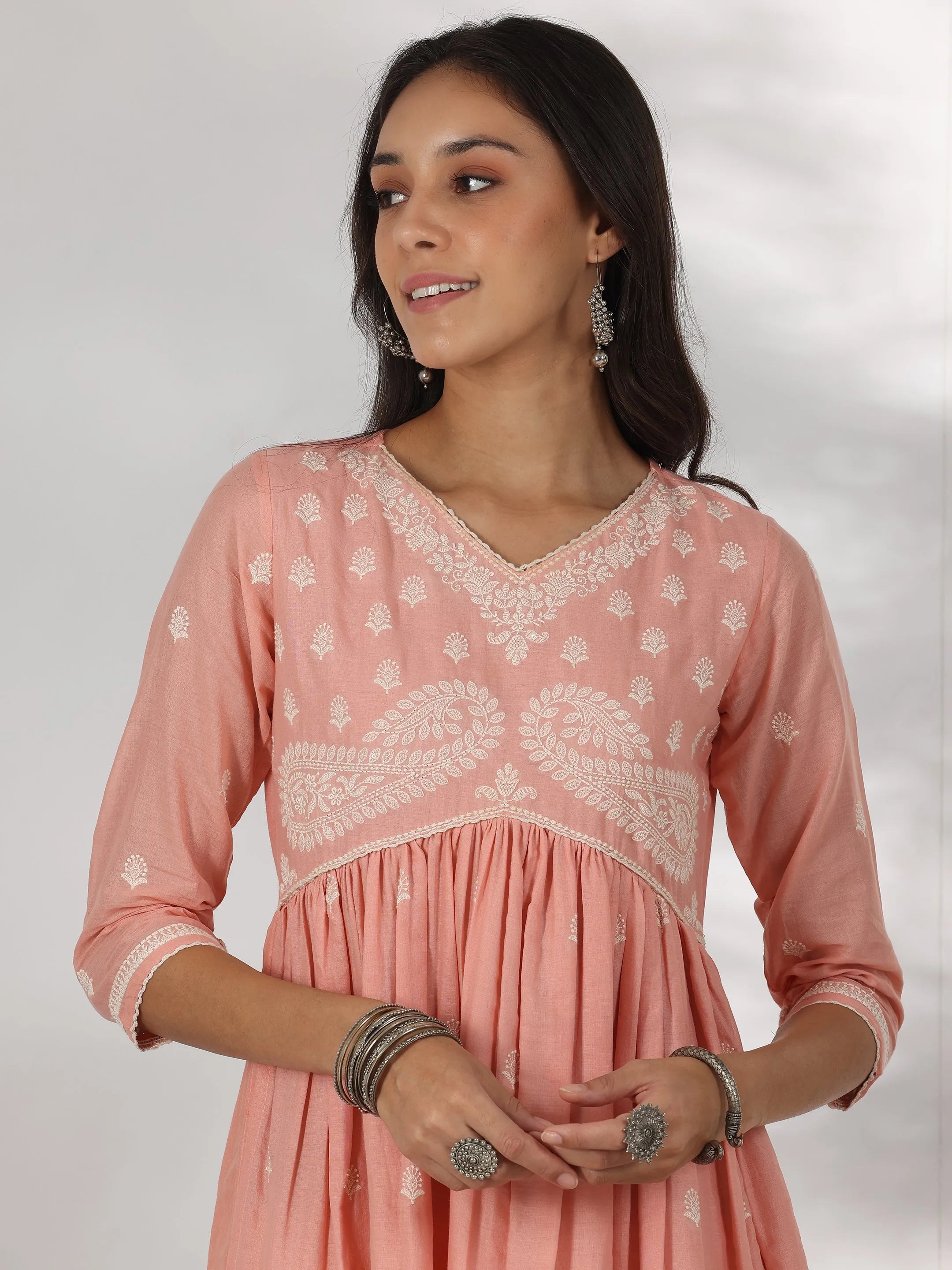 Peach Embroidered Cotton A-Line Kurta
