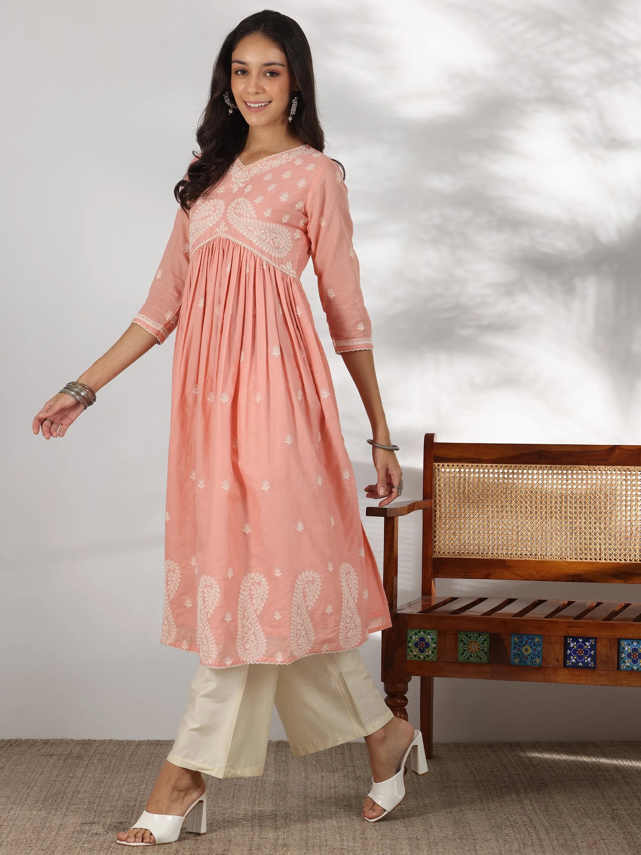 Peach Embroidered Cotton A-Line Kurta