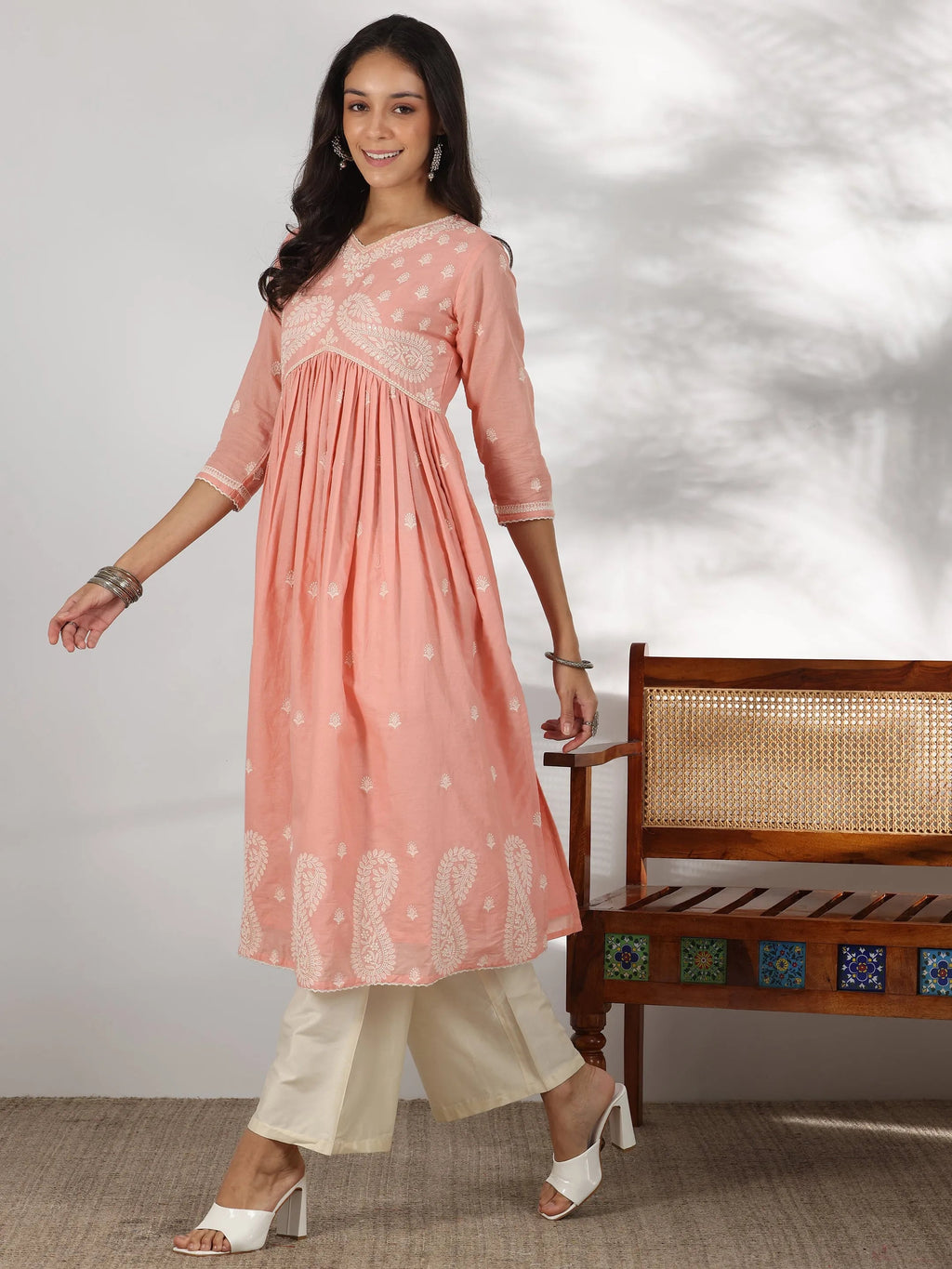 Peach Embroidered Cotton A-Line Kurta