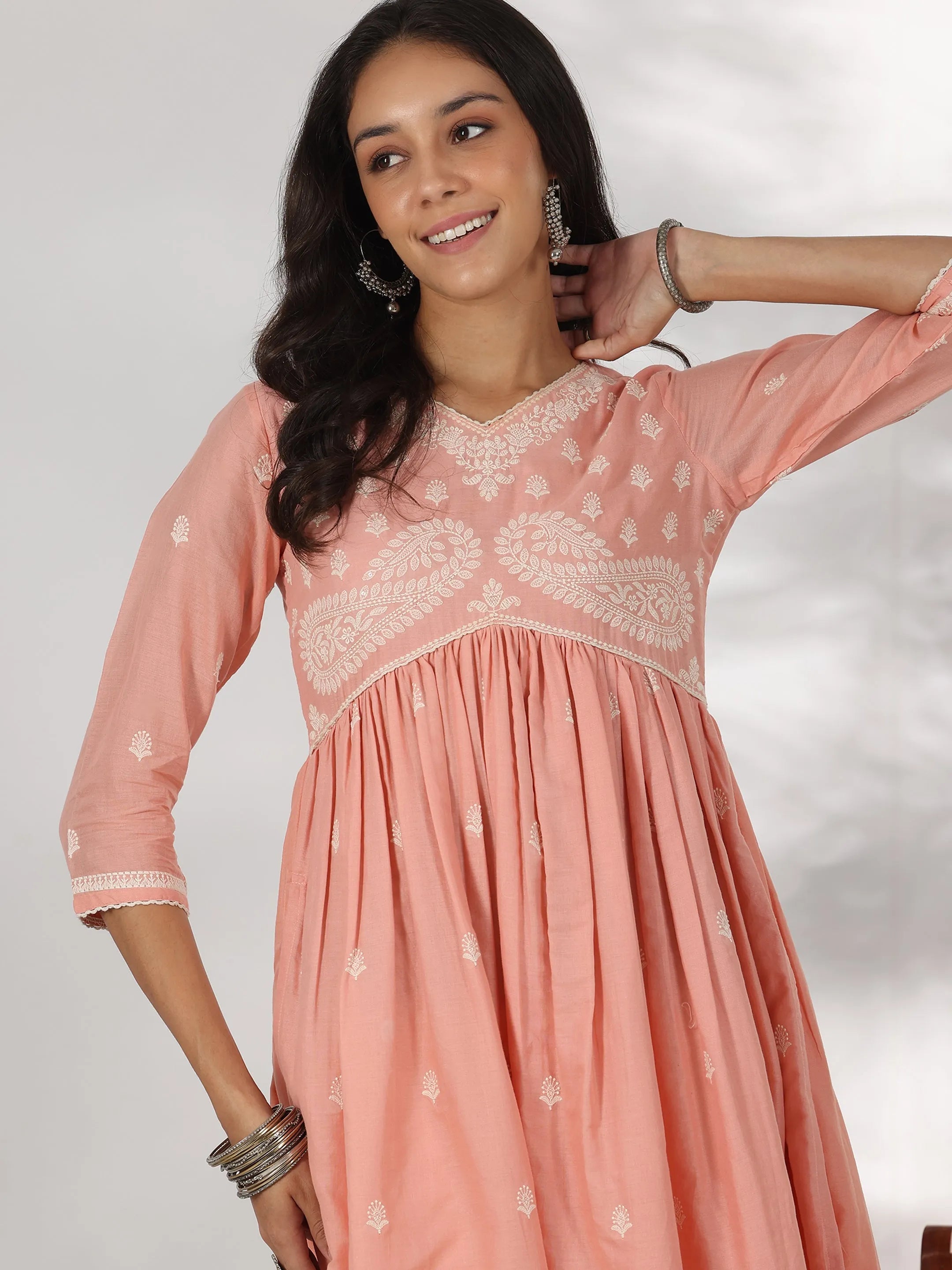 Peach Embroidered Cotton A-Line Kurta