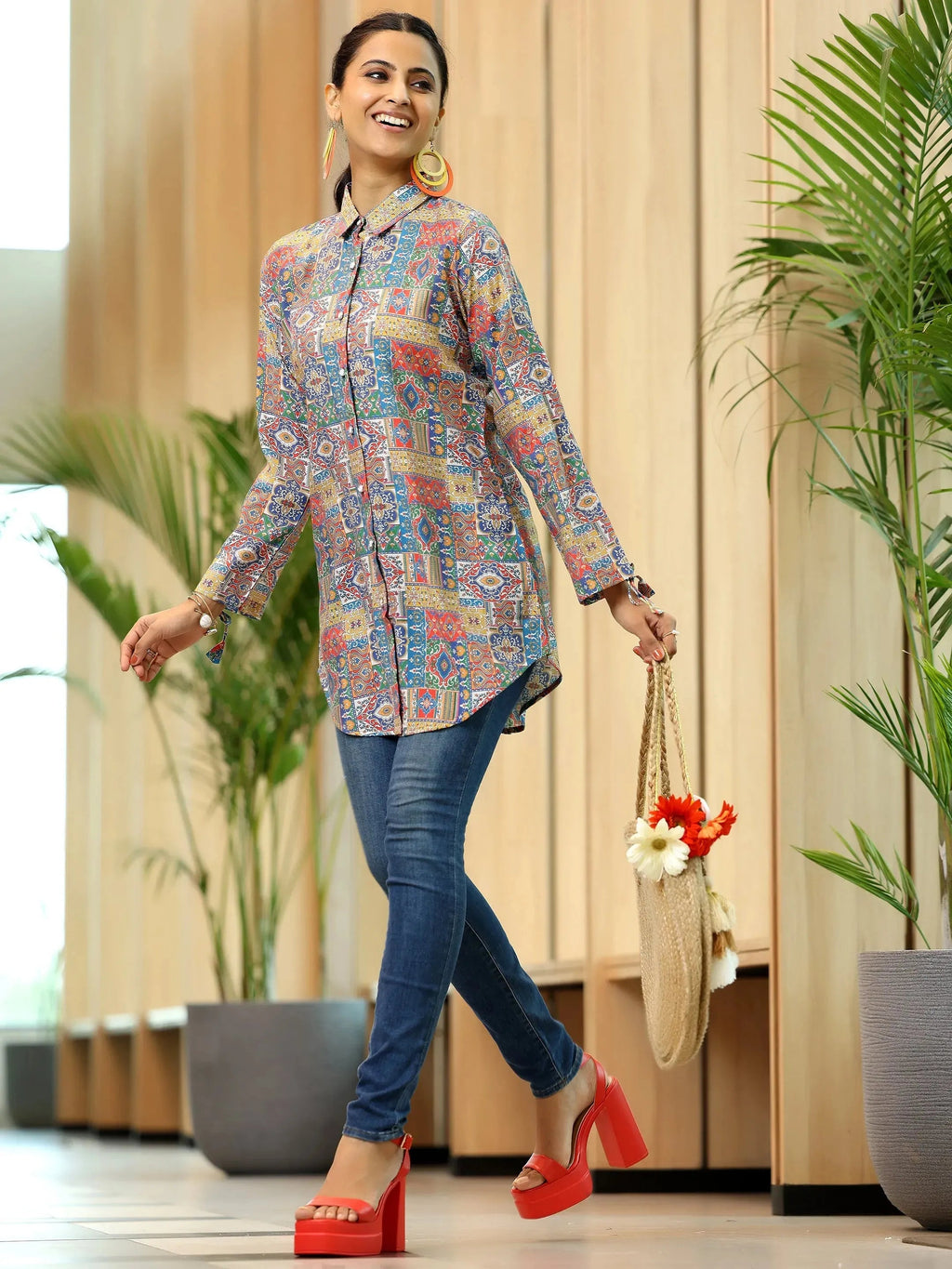 Multi Printed Silk Blend Straight Kurti