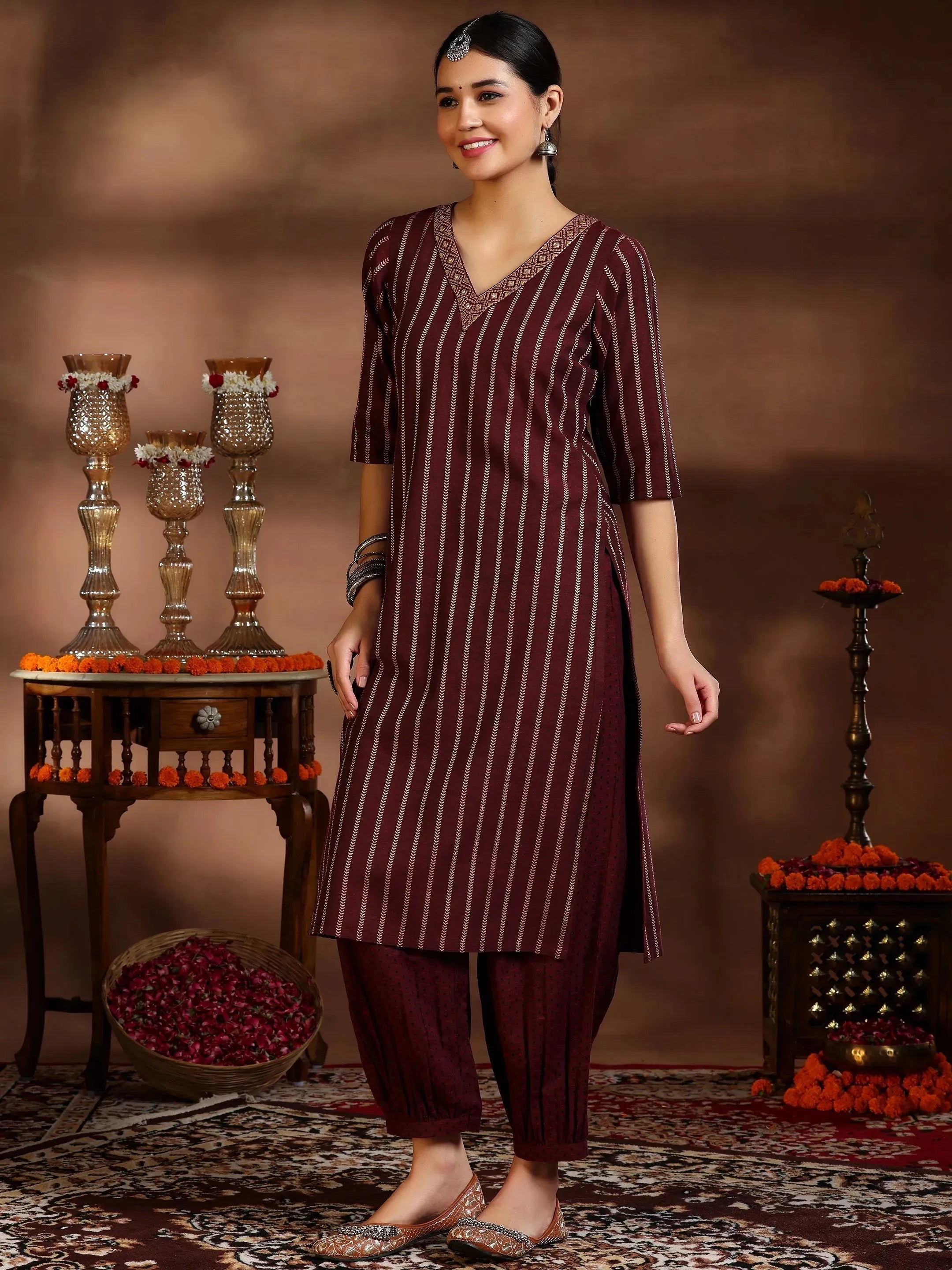 Maroon Woven Design Cotton Blend Straight Suit With Dupatta