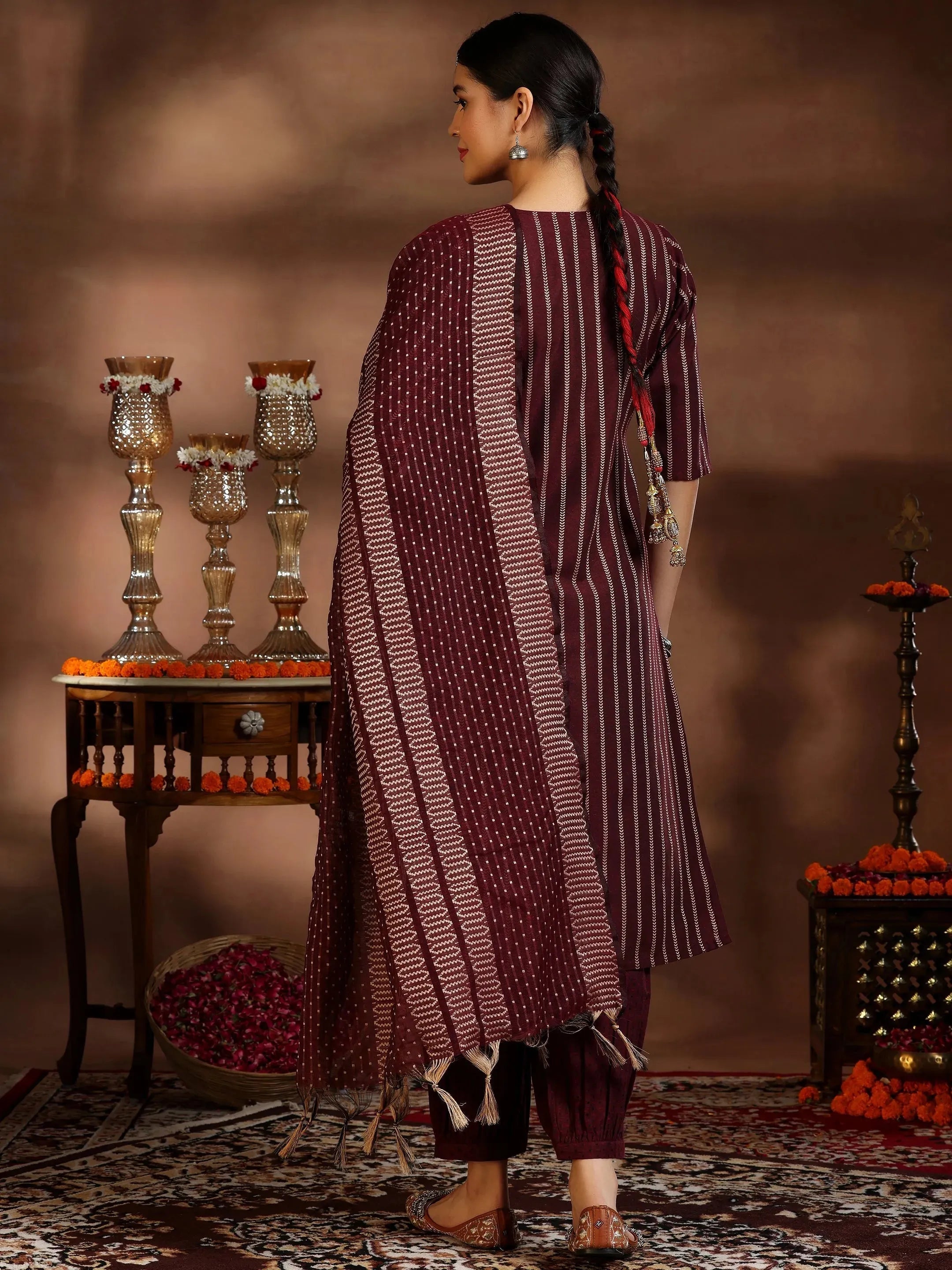 Maroon Woven Design Cotton Blend Straight Suit With Dupatta