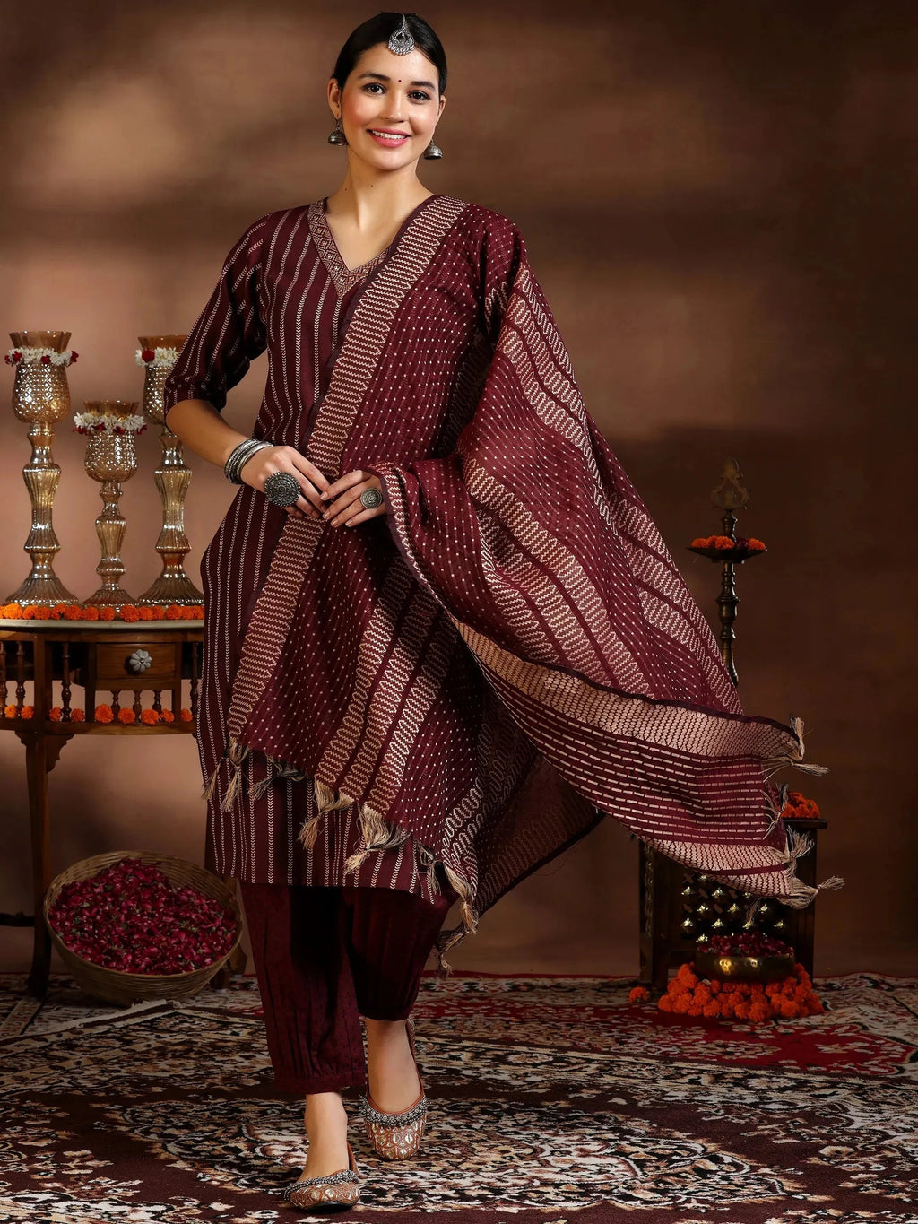 Maroon Woven Design Cotton Blend Straight Suit With Dupatta