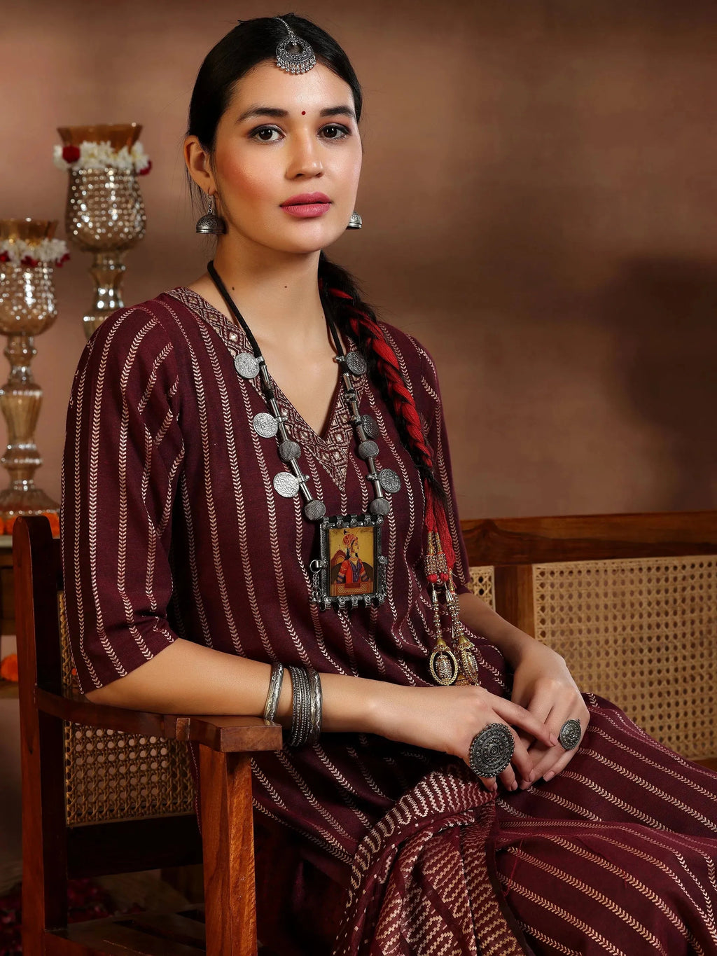 Maroon Woven Design Cotton Blend Straight Suit With Dupatta