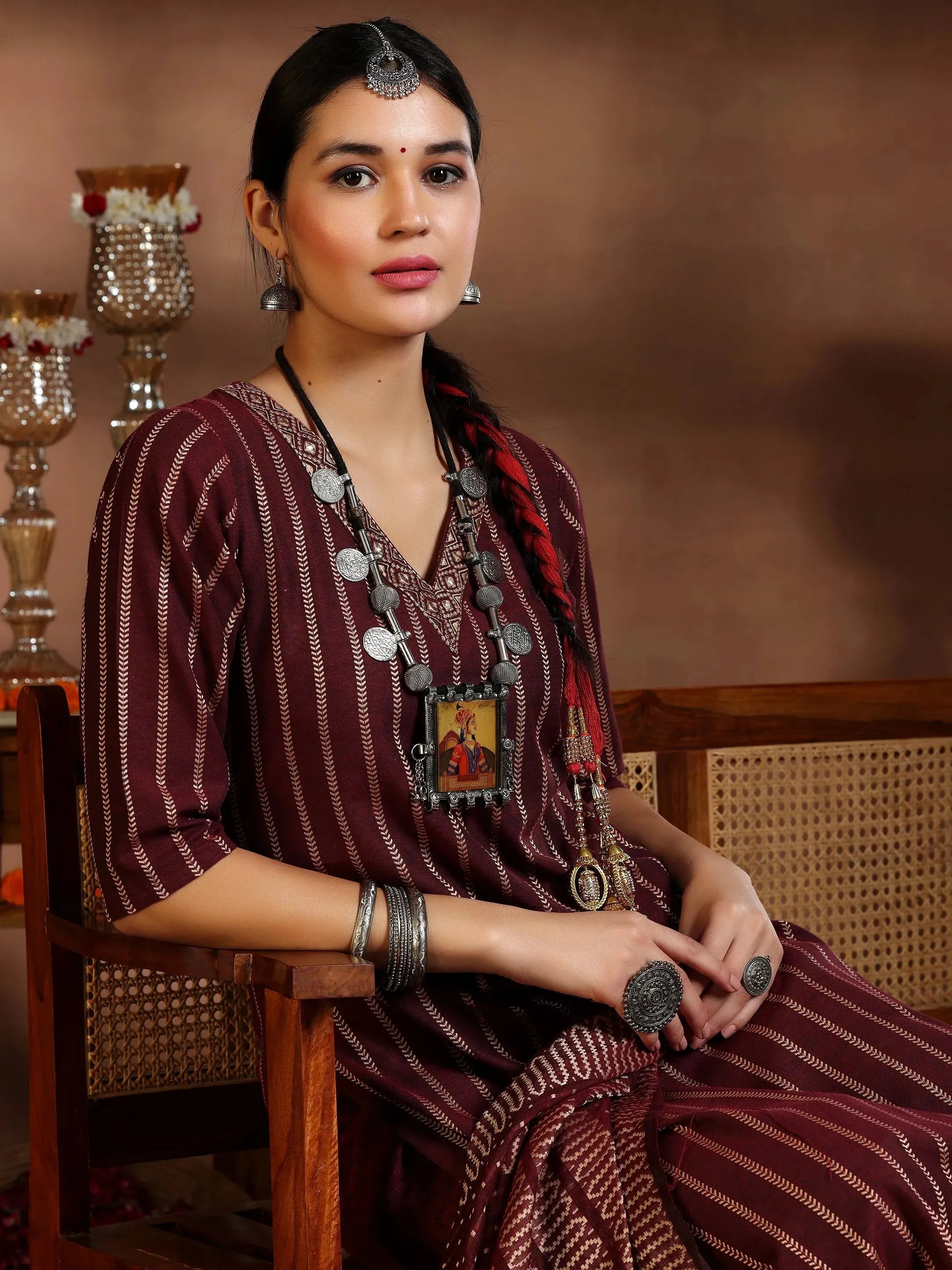 Maroon Woven Design Cotton Blend Straight Suit With Dupatta