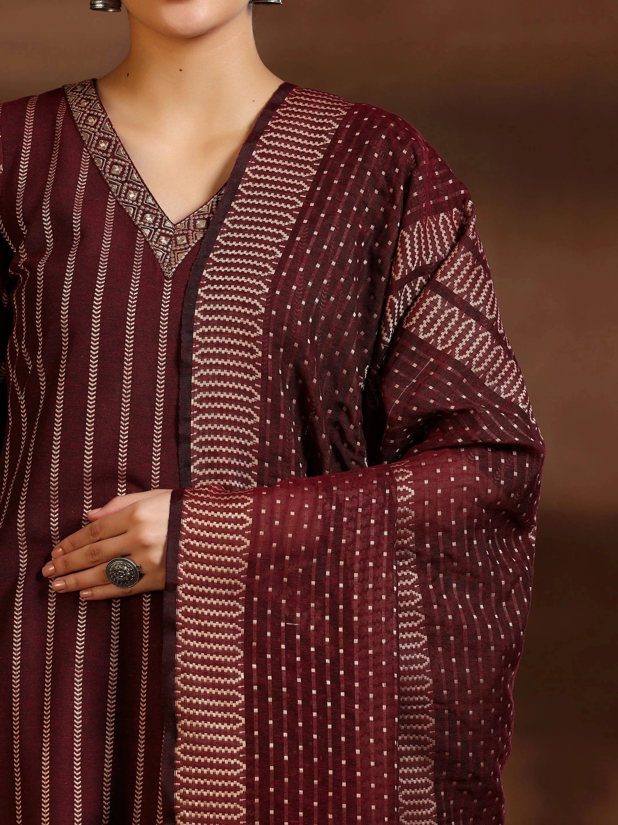 Maroon Woven Design Cotton Blend Straight Suit With Dupatta