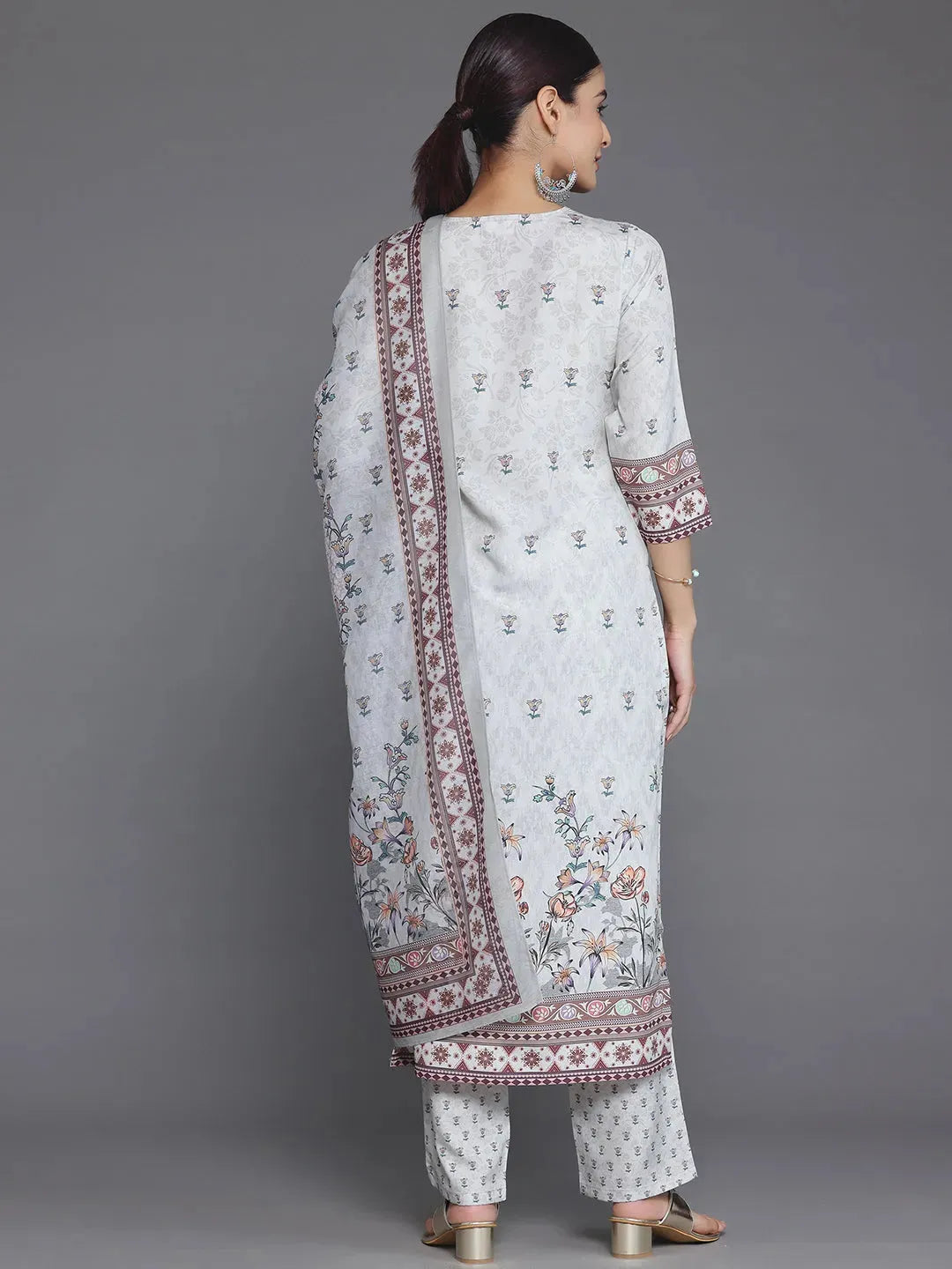 Grey Printed Poly Crepe Straight Suit With Dupatta
