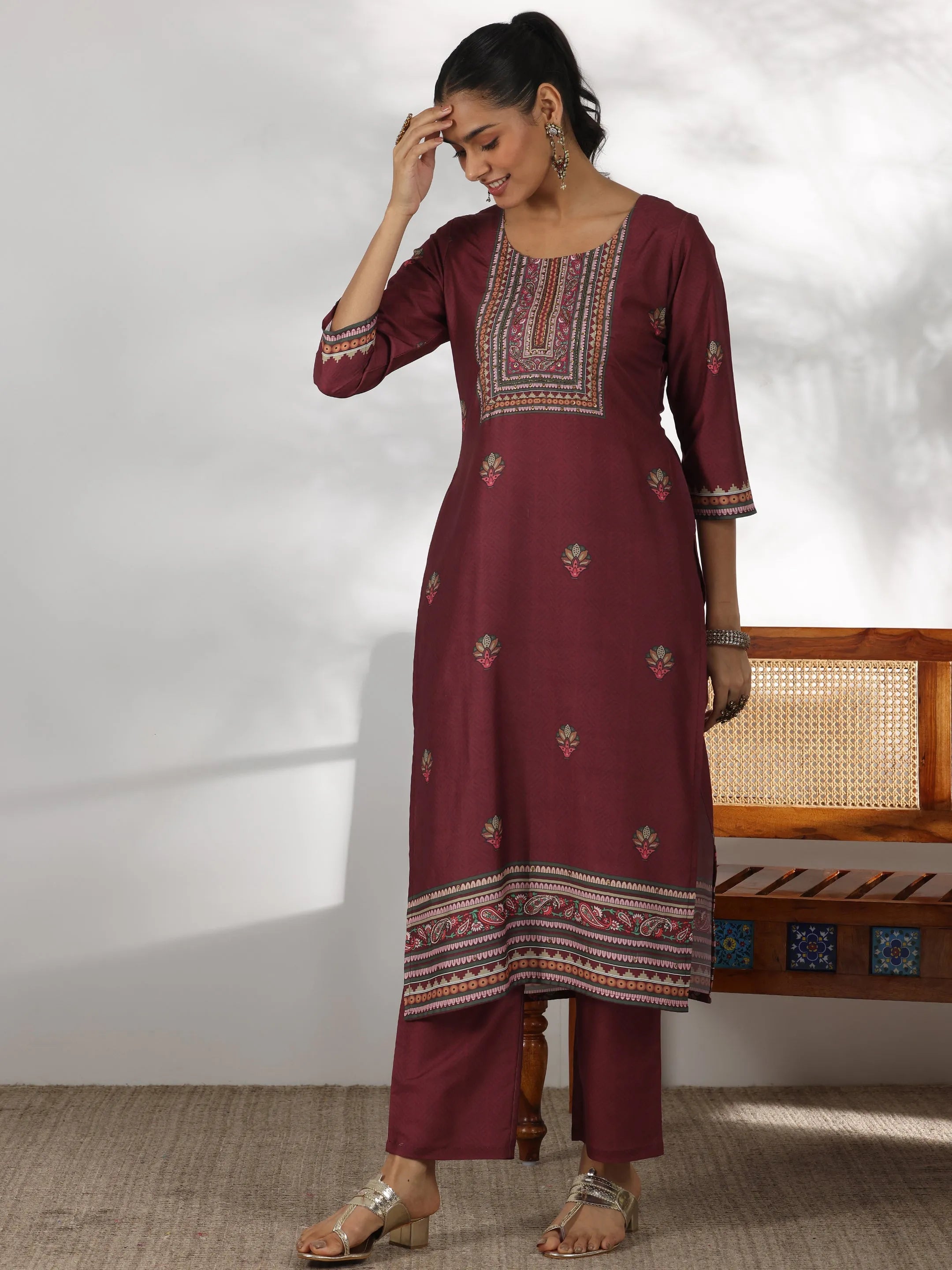 Maroon Printed Silk Blend Straight Suit With Dupatta