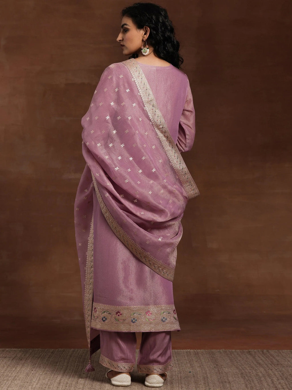 Mauve Woven Design Silk Blend Straight Kurta With Trousers & Dupatta