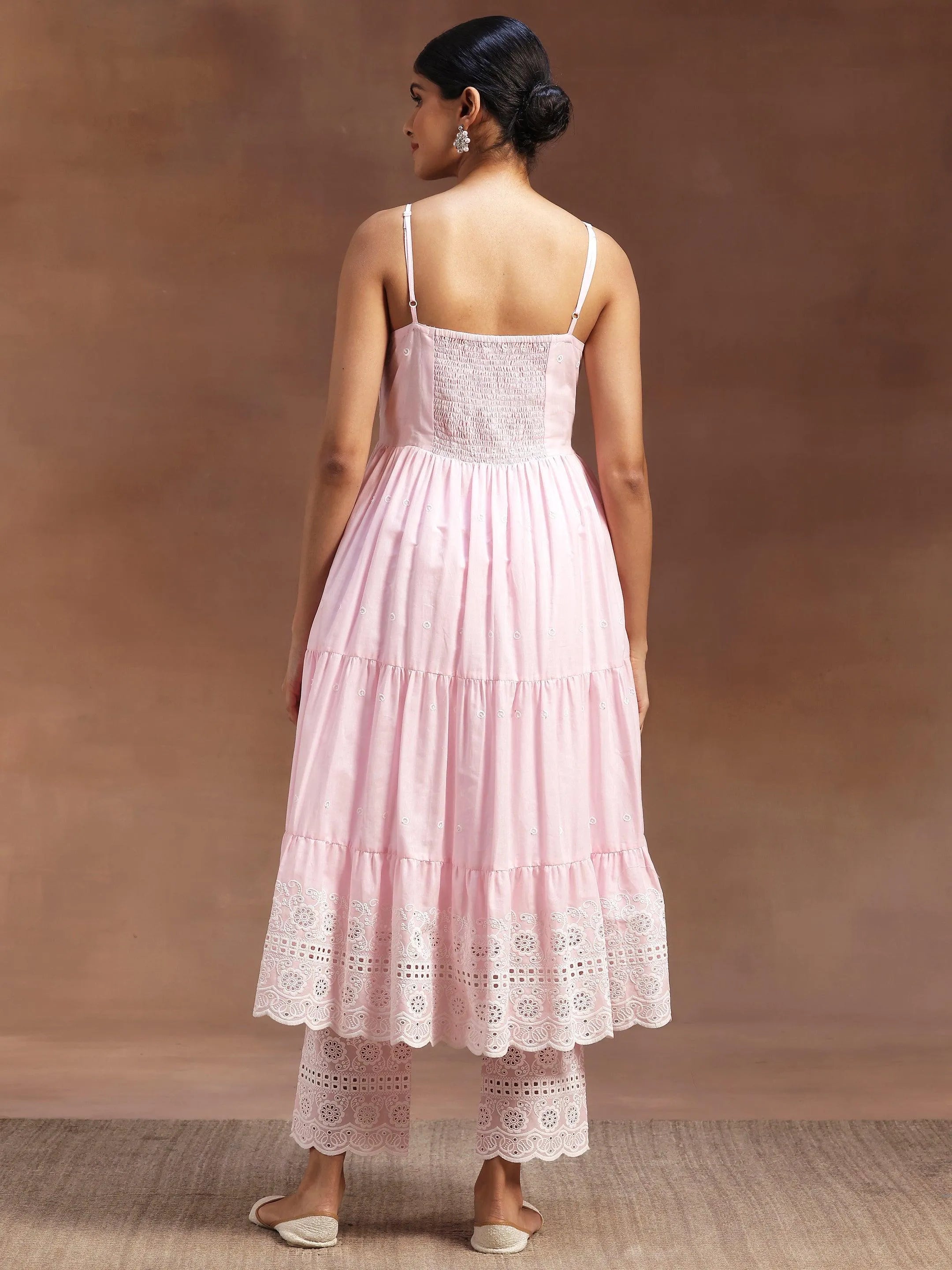 Pink Self Design Cotton Anarkali Kurta With Trousers