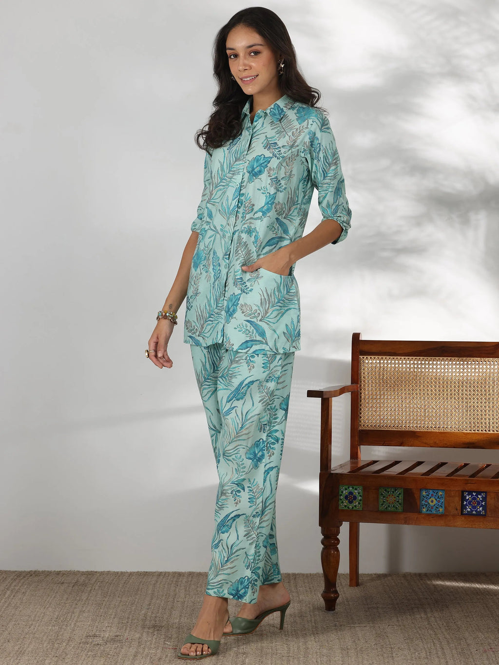 Blue Printed Silk Blend Co-Ords