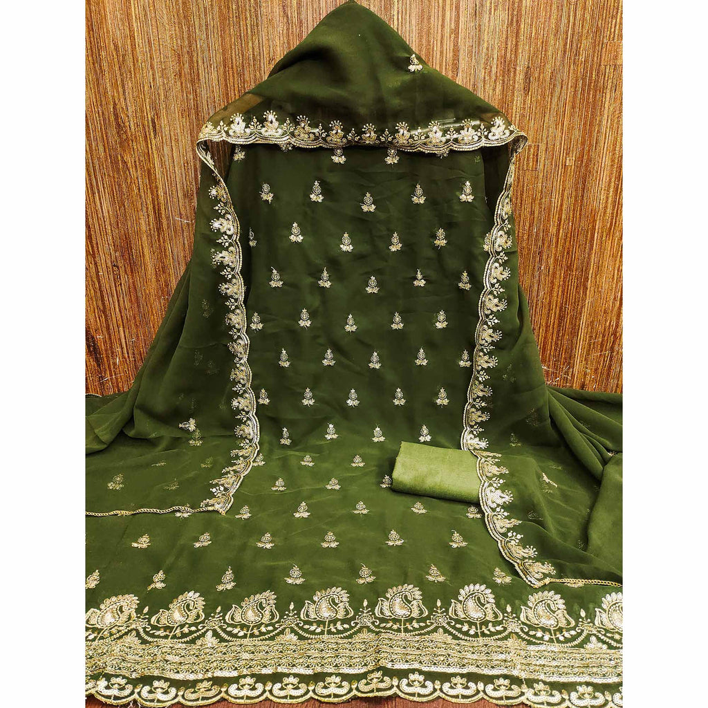 Green Georgette Dress Material with Sparkling Sequin Embroidery