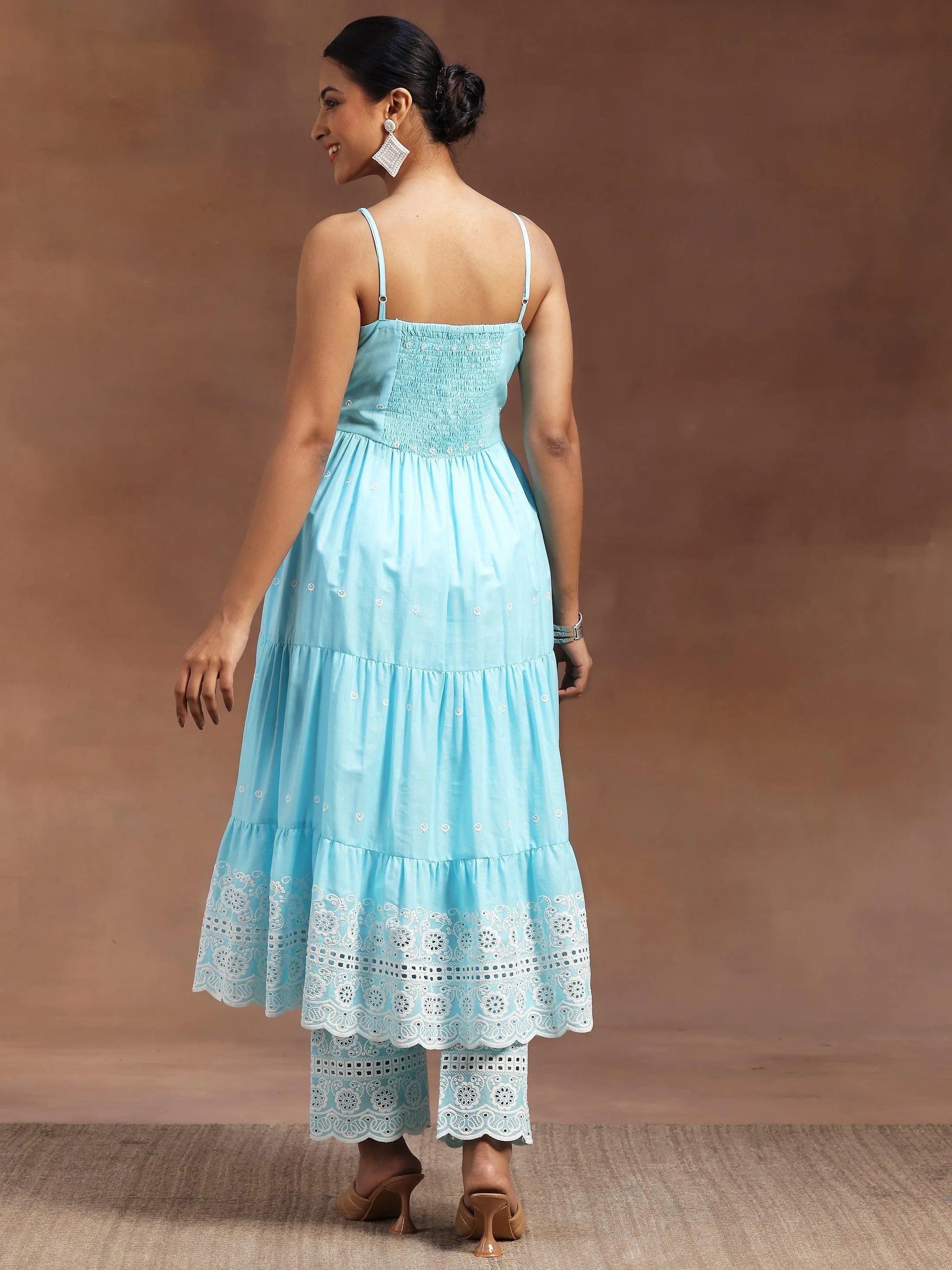 Blue Self Design Cotton Anarkali Kurta With Trousers