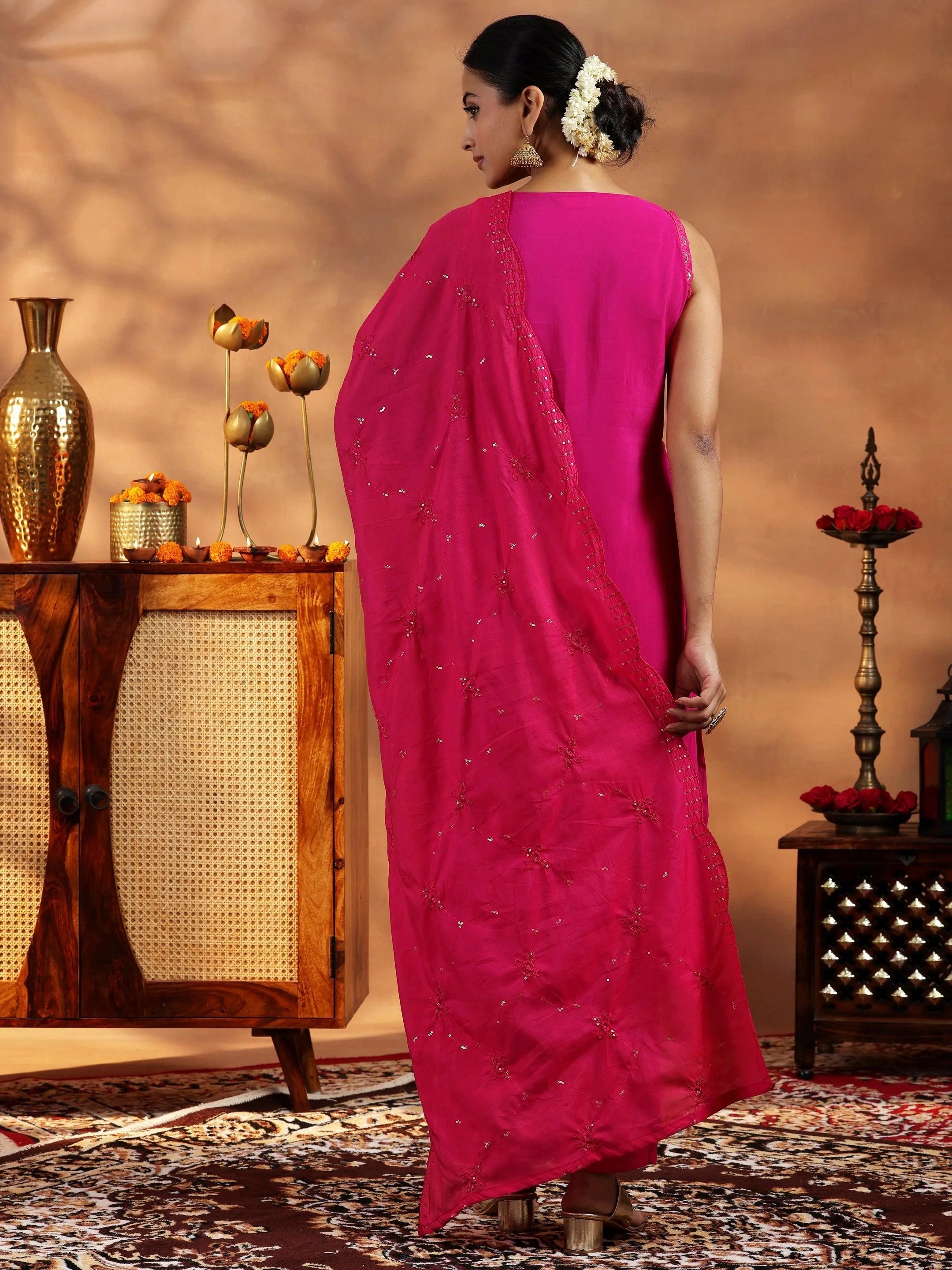 Pink Solid Silk Blend Straight Suit With Dupatta